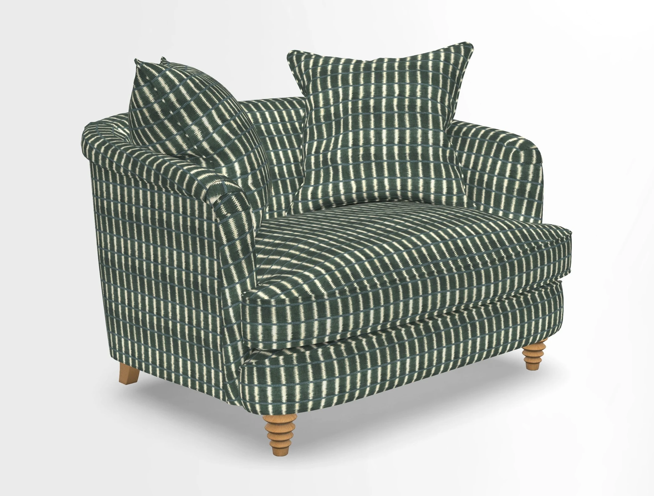 Helmsley Snuggler in V&A Threads of India Opulent Velvets Forest Creatures Hunter piping in Swiss Velvet Olive and scatter in Stockport Stripe Flame