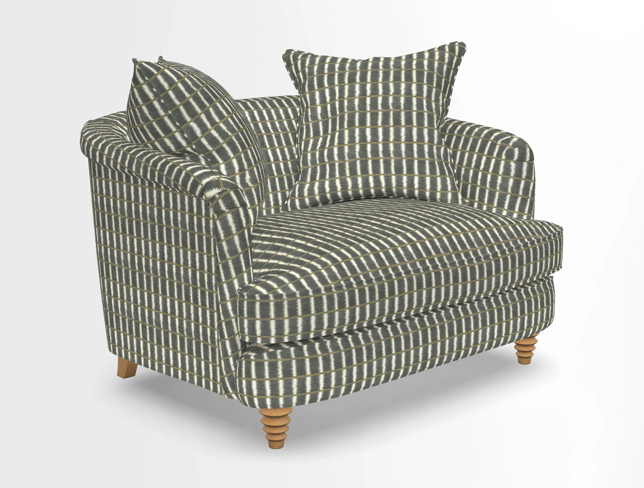 Helmsley Snuggler in V&A Threads of India Opulent Velvets Forest Creatures Hunter piping in Swiss Velvet Olive and scatter in Stockport Stripe Flame