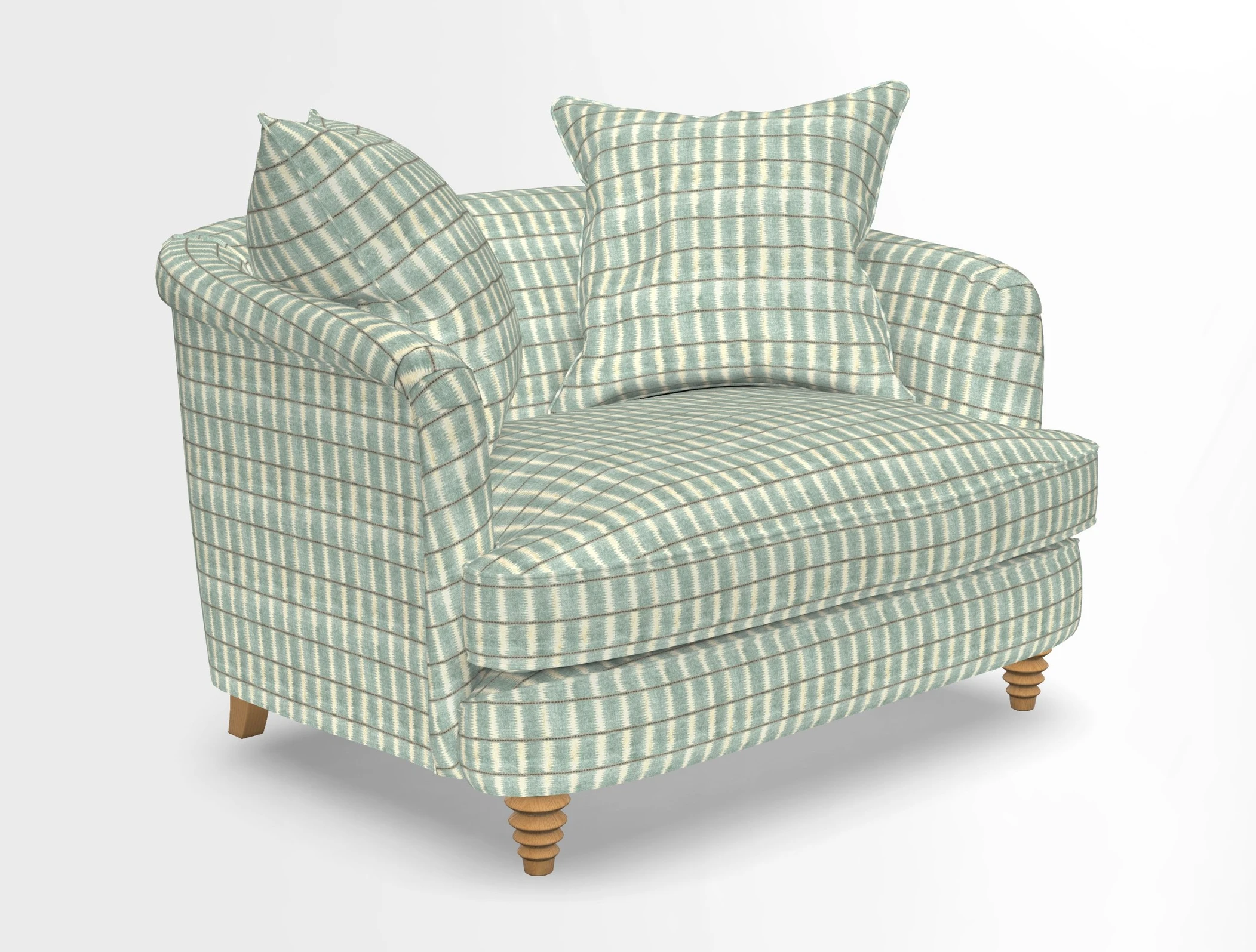 Helmsley Snuggler in V&A Threads of India Opulent Velvets Forest Creatures Hunter piping in Swiss Velvet Olive and scatter in Stockport Stripe Flame