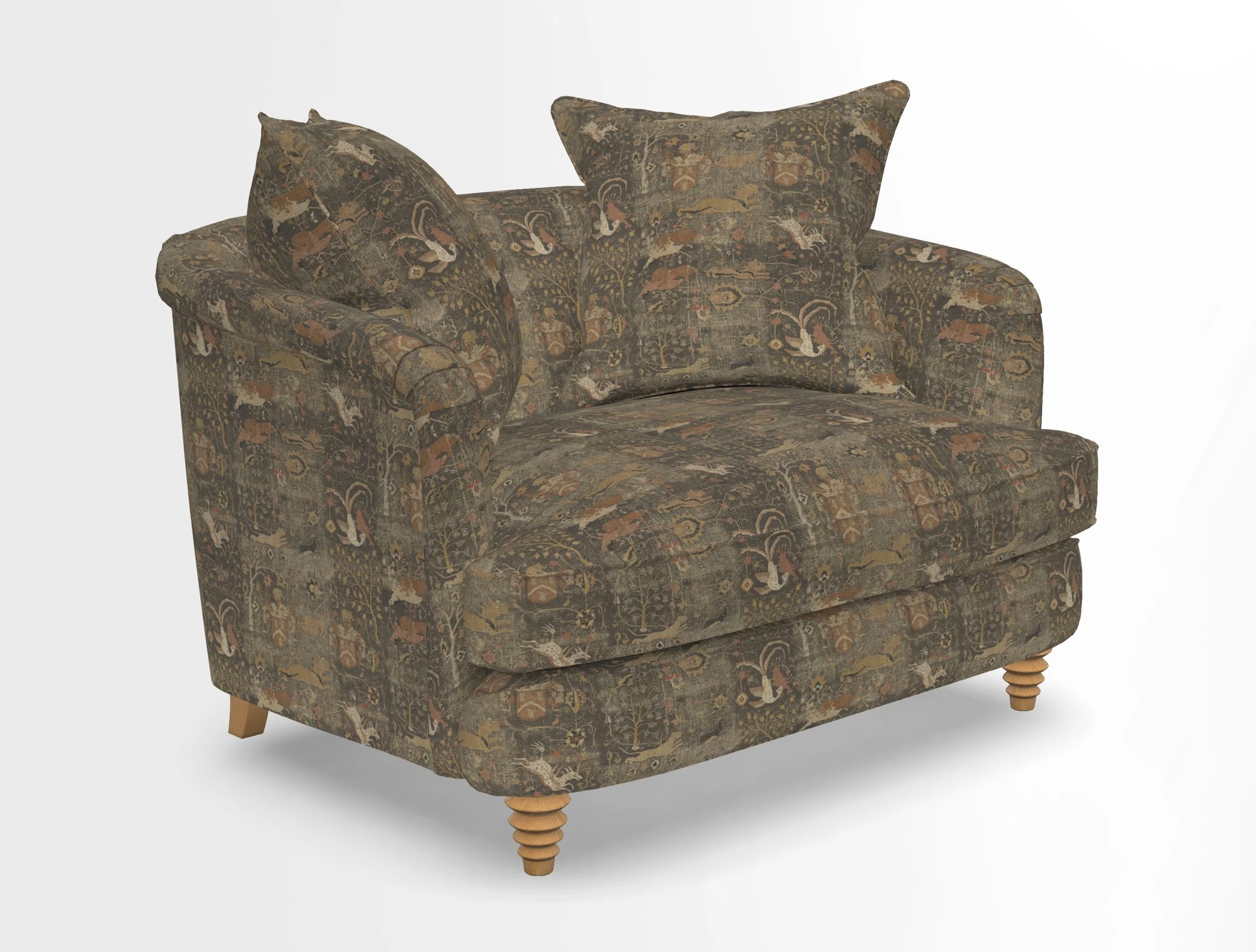 Helmsley Snuggler in V&A Threads of India Opulent Velvets Forest Creatures Hunter piping in Swiss Velvet Olive and scatter in Stockport Stripe Flame