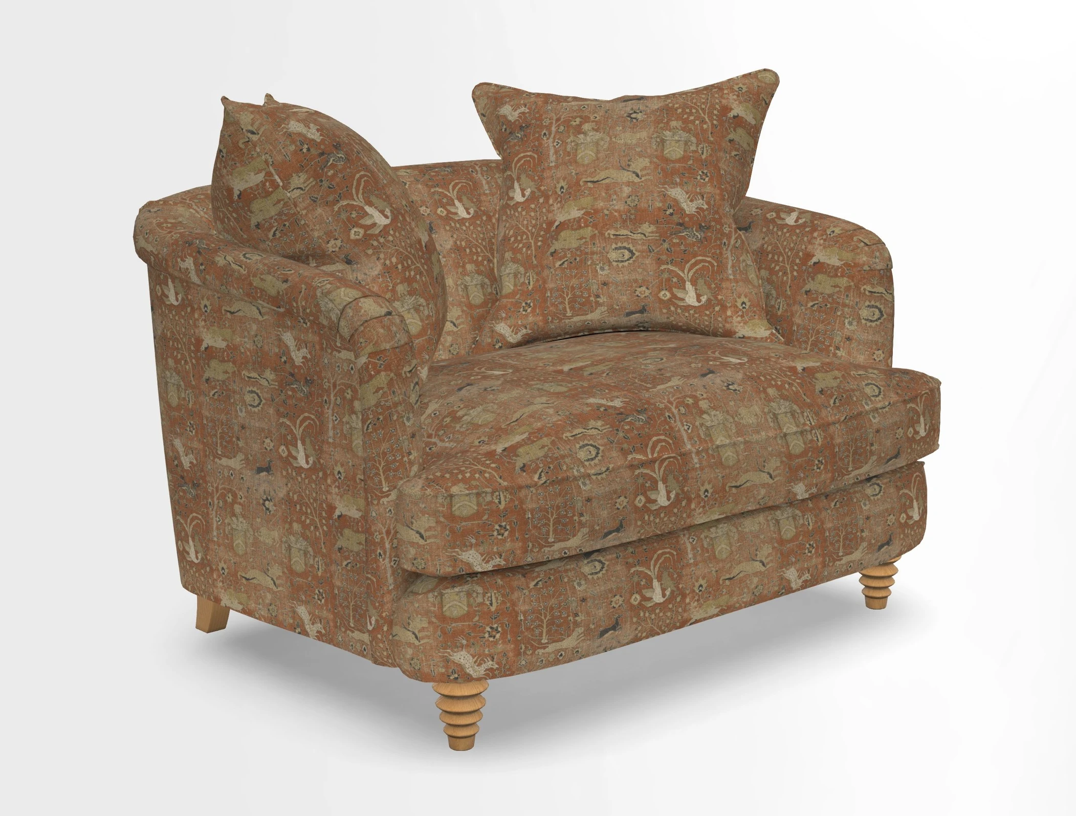 Helmsley Snuggler in V&A Threads of India Opulent Velvets Forest Creatures Hunter piping in Swiss Velvet Olive and scatter in Stockport Stripe Flame