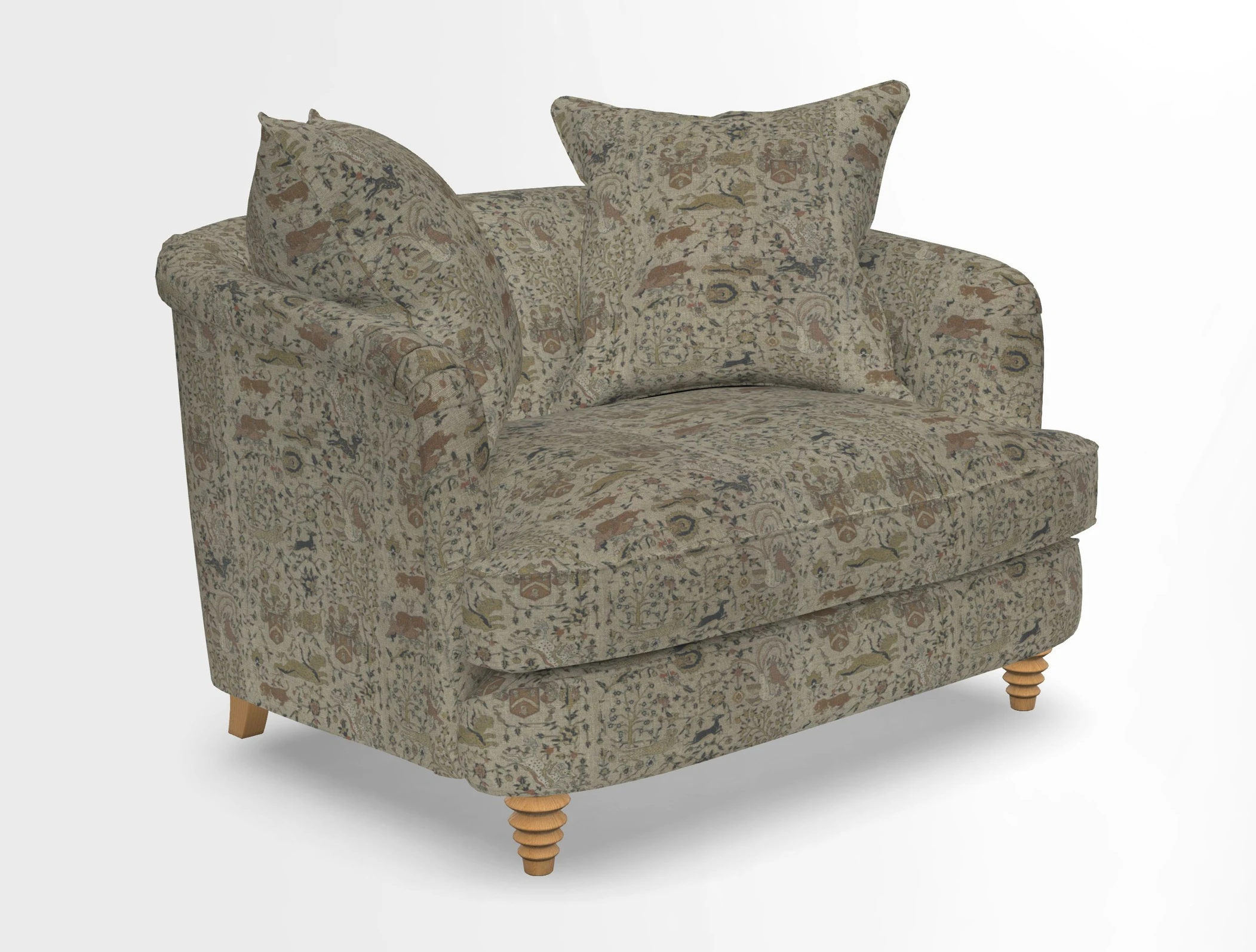 Helmsley Snuggler in V&A Threads of India Opulent Velvets Forest Creatures Hunter piping in Swiss Velvet Olive and scatter in Stockport Stripe Flame