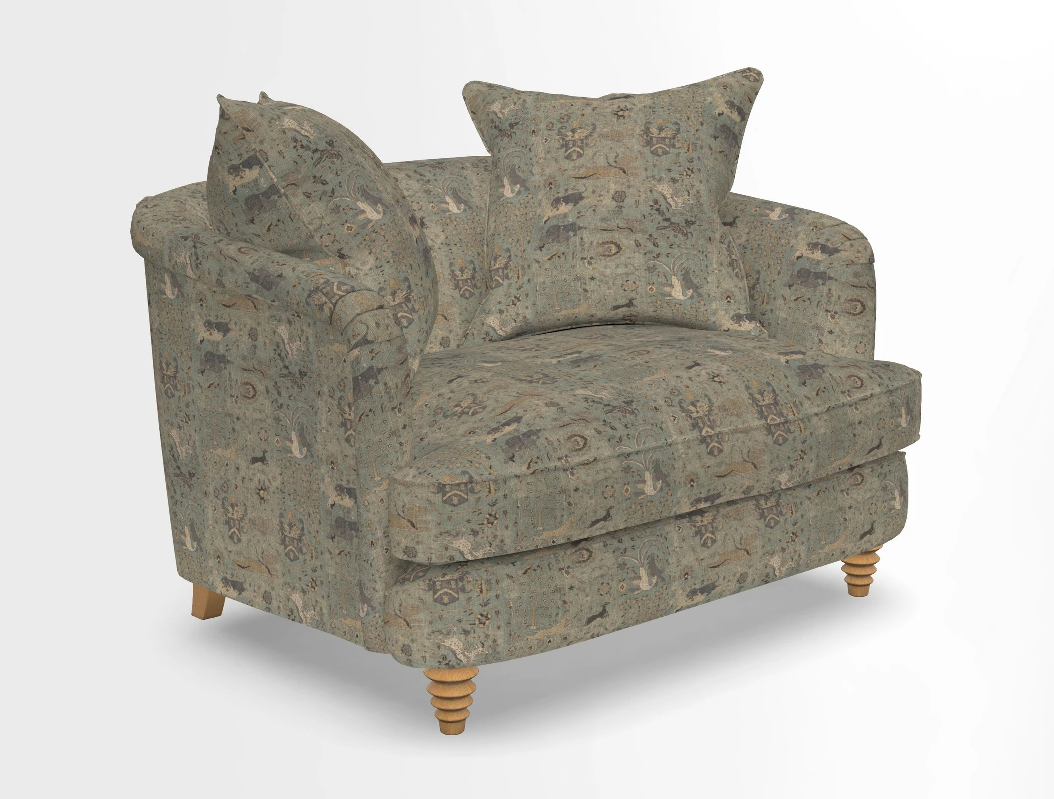 Helmsley Snuggler in V&A Threads of India Opulent Velvets Forest Creatures Hunter piping in Swiss Velvet Olive and scatter in Stockport Stripe Flame