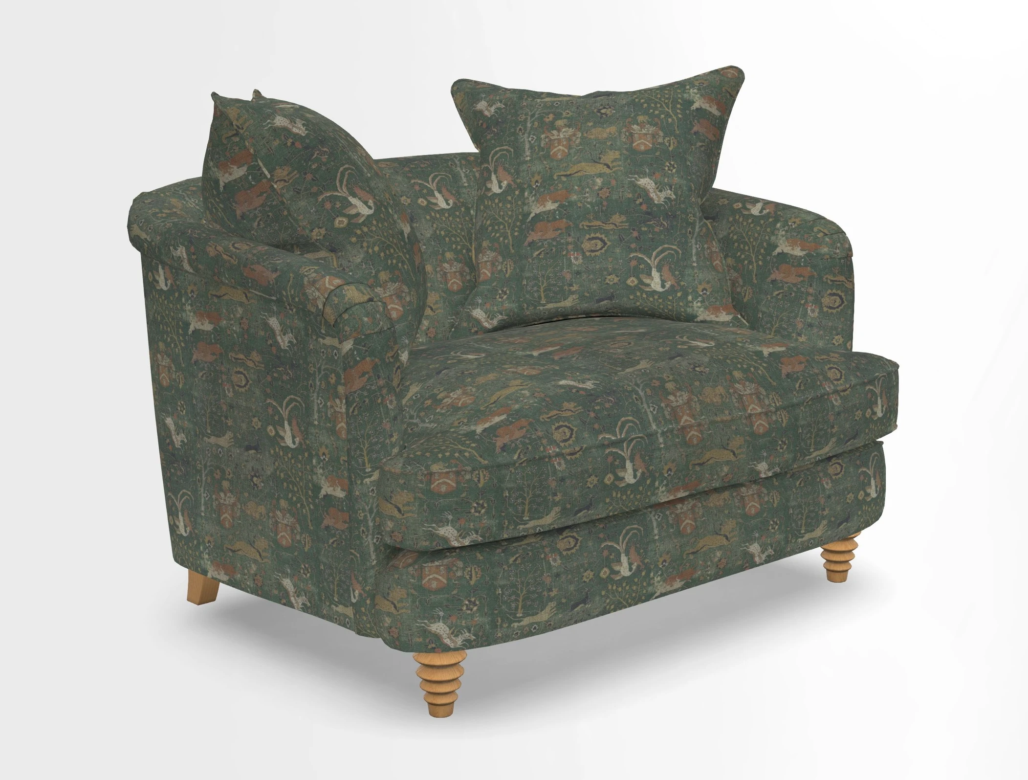 Helmsley Snuggler in V&A Threads of India Opulent Velvets Forest Creatures Hunter piping in Swiss Velvet Olive and scatter in Stockport Stripe Flame