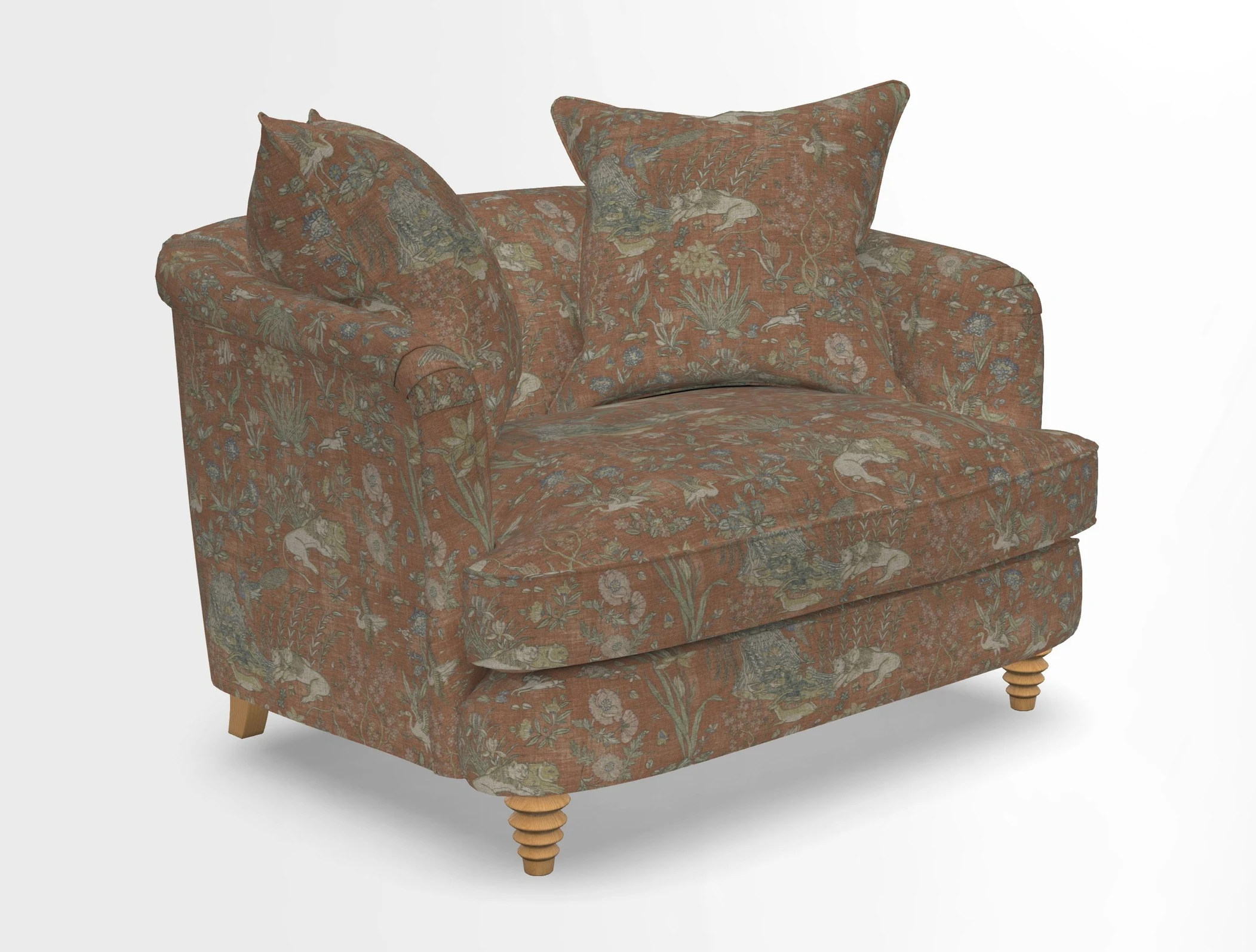 Helmsley Snuggler in V&A Threads of India Opulent Velvets Forest Creatures Hunter piping in Swiss Velvet Olive and scatter in Stockport Stripe Flame