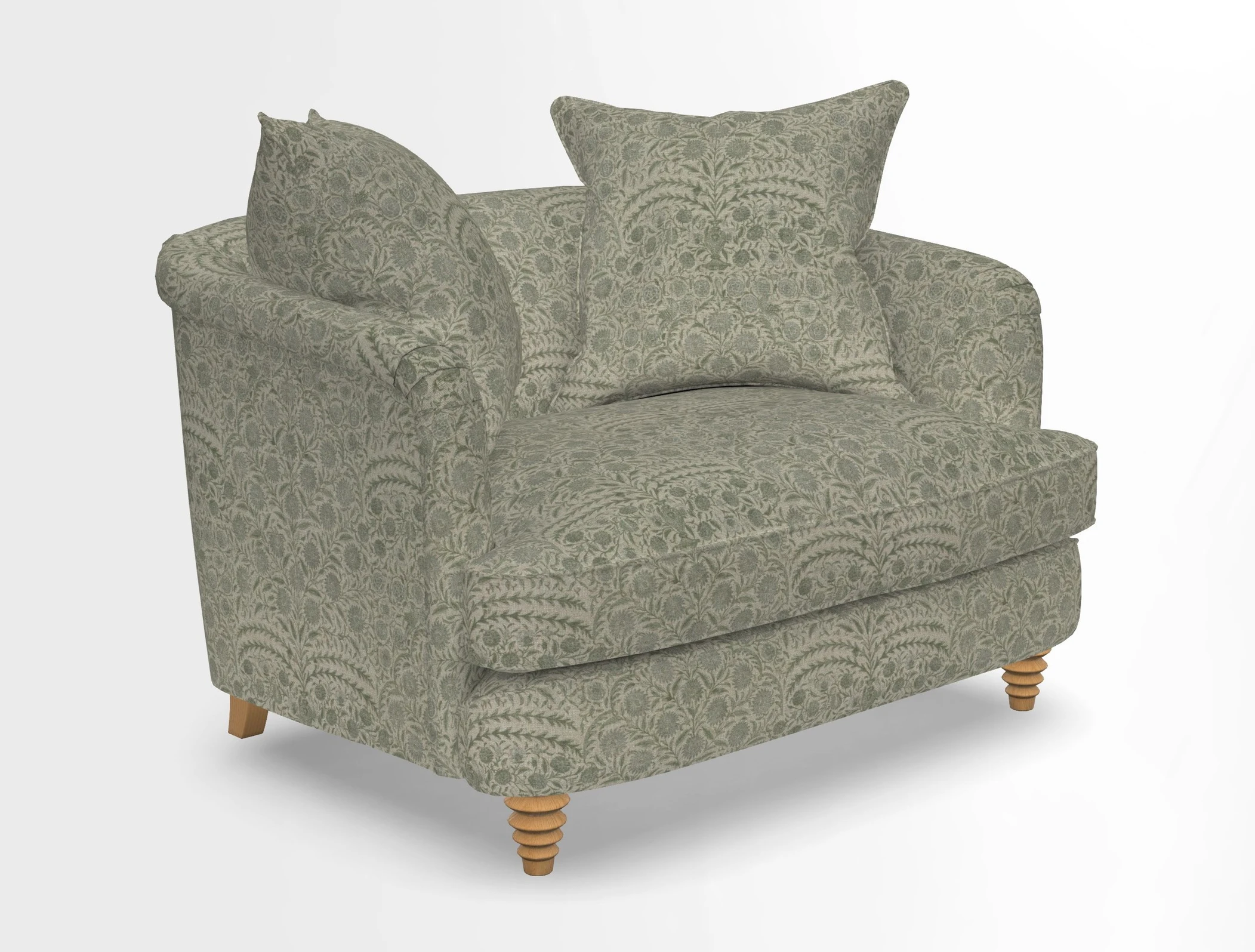 Helmsley Snuggler in V&A Threads of India Opulent Velvets Forest Creatures Hunter piping in Swiss Velvet Olive and scatter in Stockport Stripe Flame
