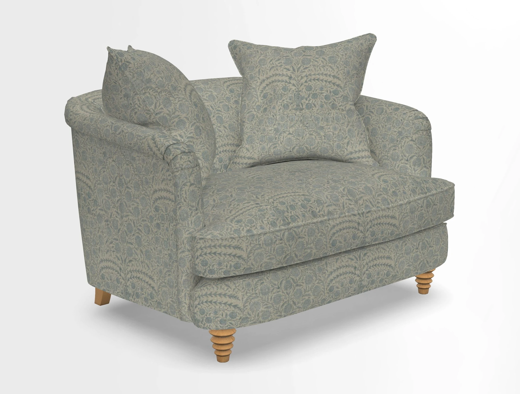 Helmsley Snuggler in V&A Threads of India Opulent Velvets Forest Creatures Hunter piping in Swiss Velvet Olive and scatter in Stockport Stripe Flame