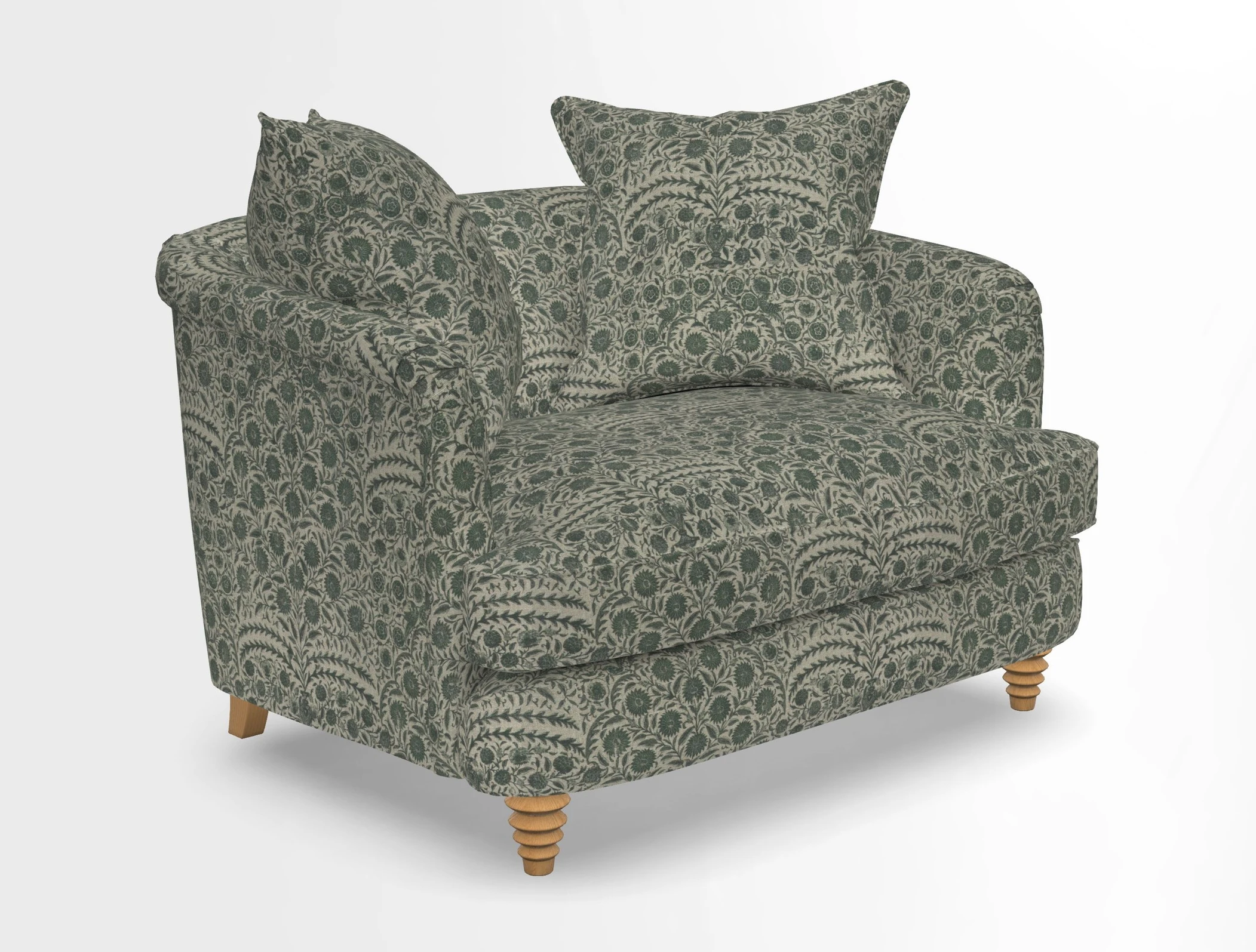 Helmsley Snuggler in V&A Threads of India Opulent Velvets Forest Creatures Hunter piping in Swiss Velvet Olive and scatter in Stockport Stripe Flame