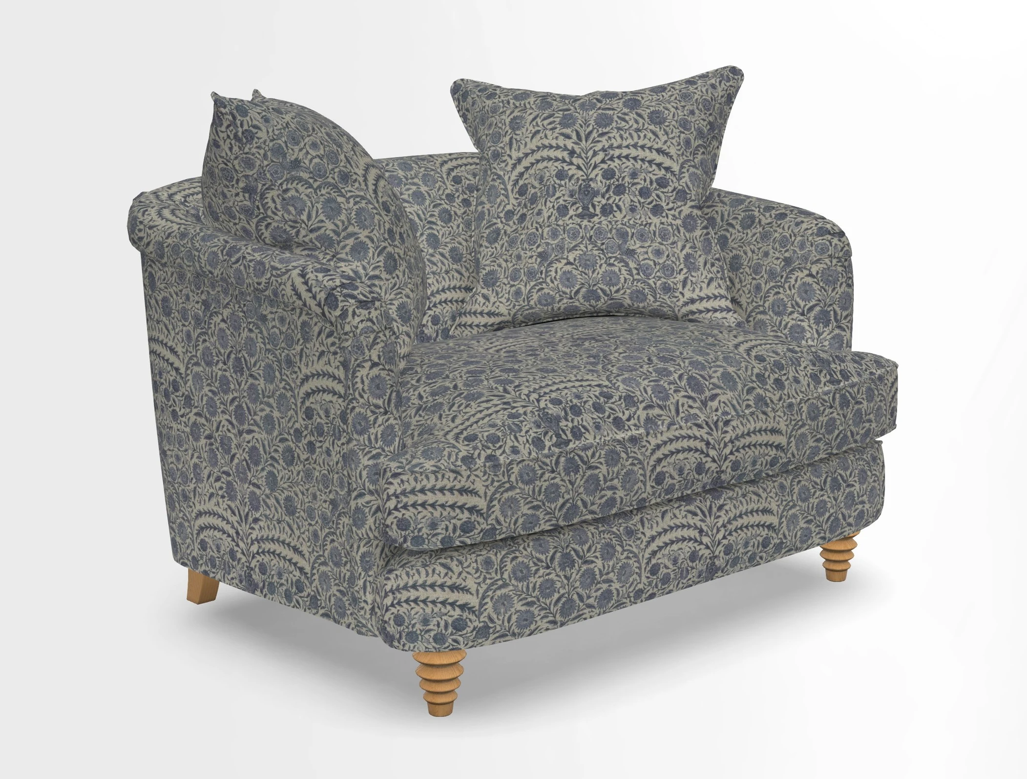 Helmsley Snuggler in V&A Threads of India Opulent Velvets Forest Creatures Hunter piping in Swiss Velvet Olive and scatter in Stockport Stripe Flame