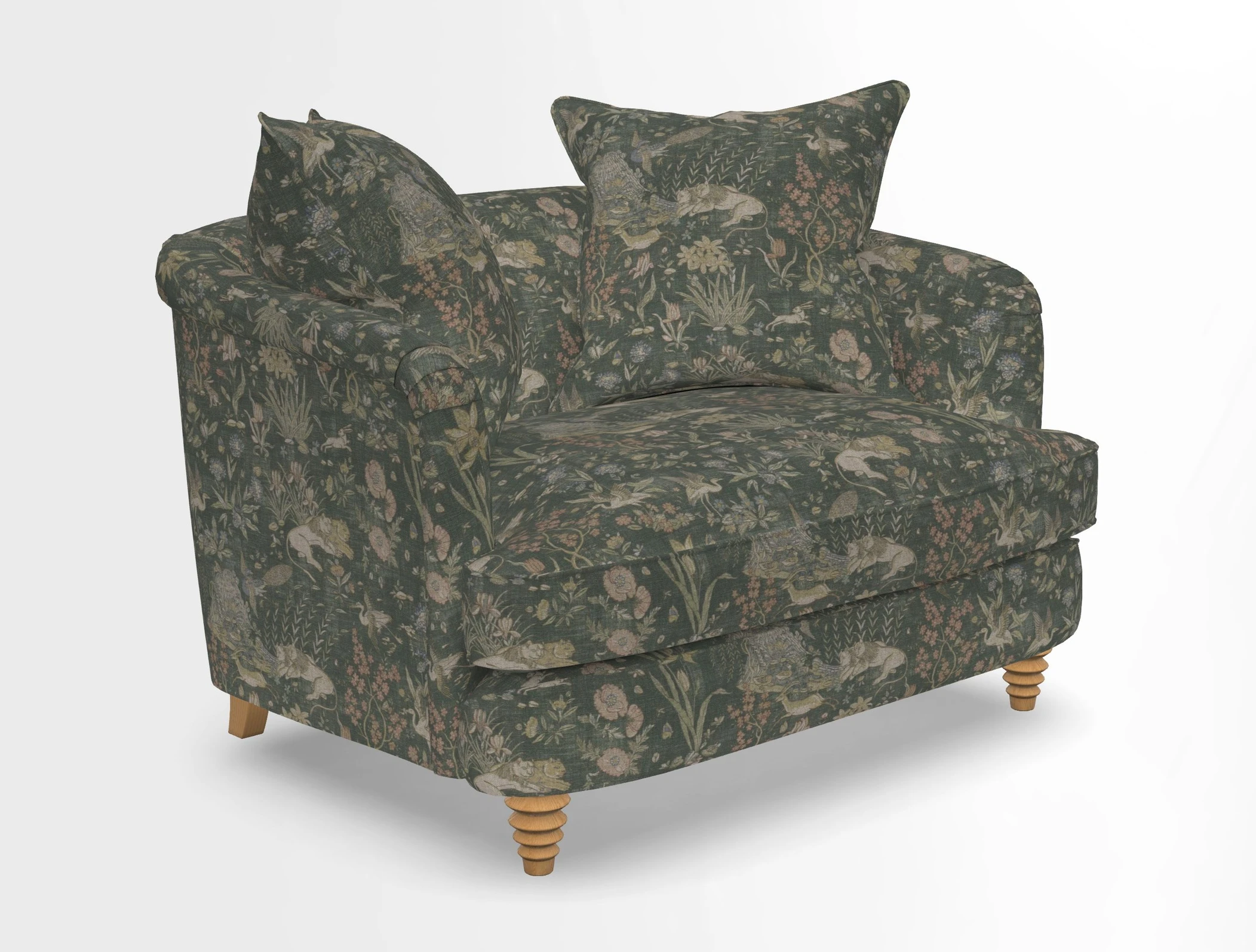 Helmsley Snuggler in V&A Threads of India Opulent Velvets Forest Creatures Hunter piping in Swiss Velvet Olive and scatter in Stockport Stripe Flame