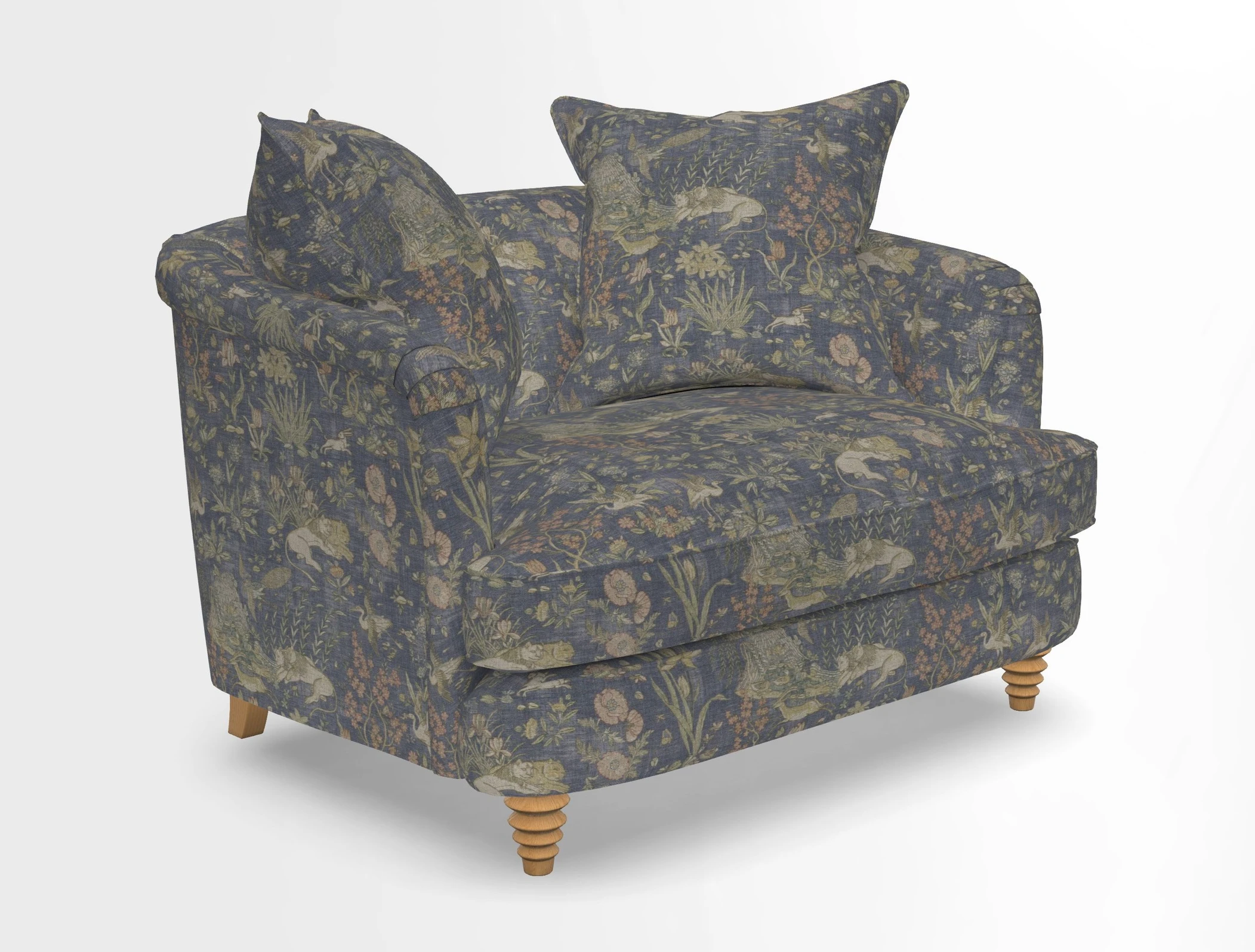 Helmsley Snuggler in V&A Threads of India Opulent Velvets Forest Creatures Hunter piping in Swiss Velvet Olive and scatter in Stockport Stripe Flame