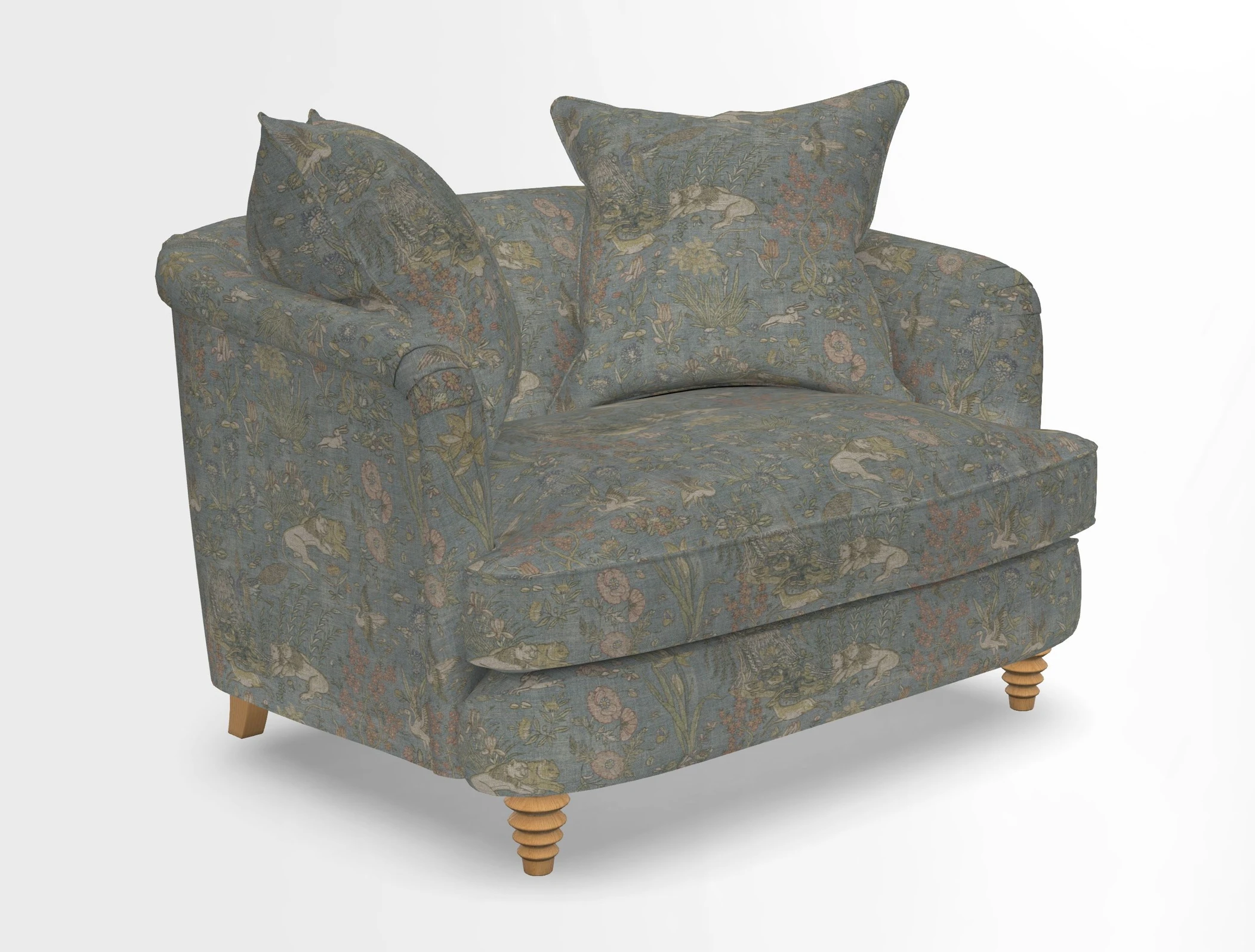 Helmsley Snuggler in V&A Threads of India Opulent Velvets Forest Creatures Hunter piping in Swiss Velvet Olive and scatter in Stockport Stripe Flame