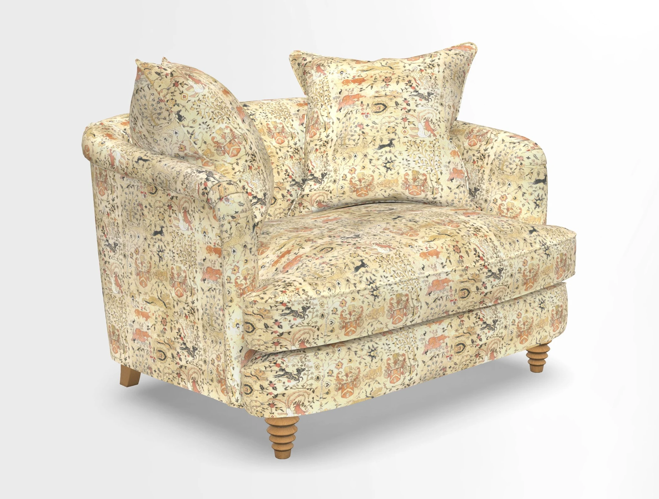 Helmsley Snuggler in V&A Threads of India Opulent Velvets Forest Creatures Hunter piping in Swiss Velvet Olive and scatter in Stockport Stripe Flame