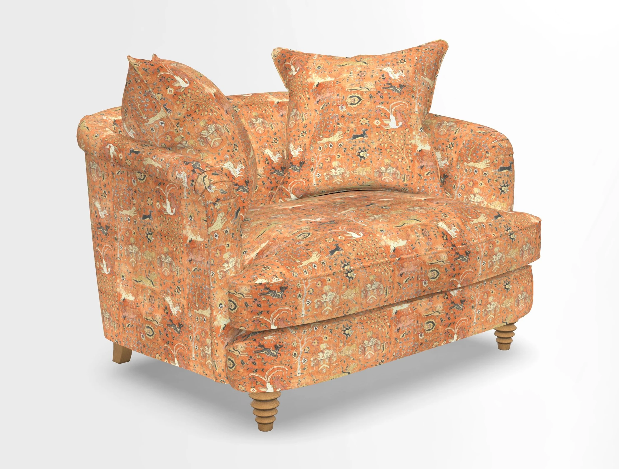Helmsley Snuggler in V&A Threads of India Opulent Velvets Forest Creatures Hunter piping in Swiss Velvet Olive and scatter in Stockport Stripe Flame