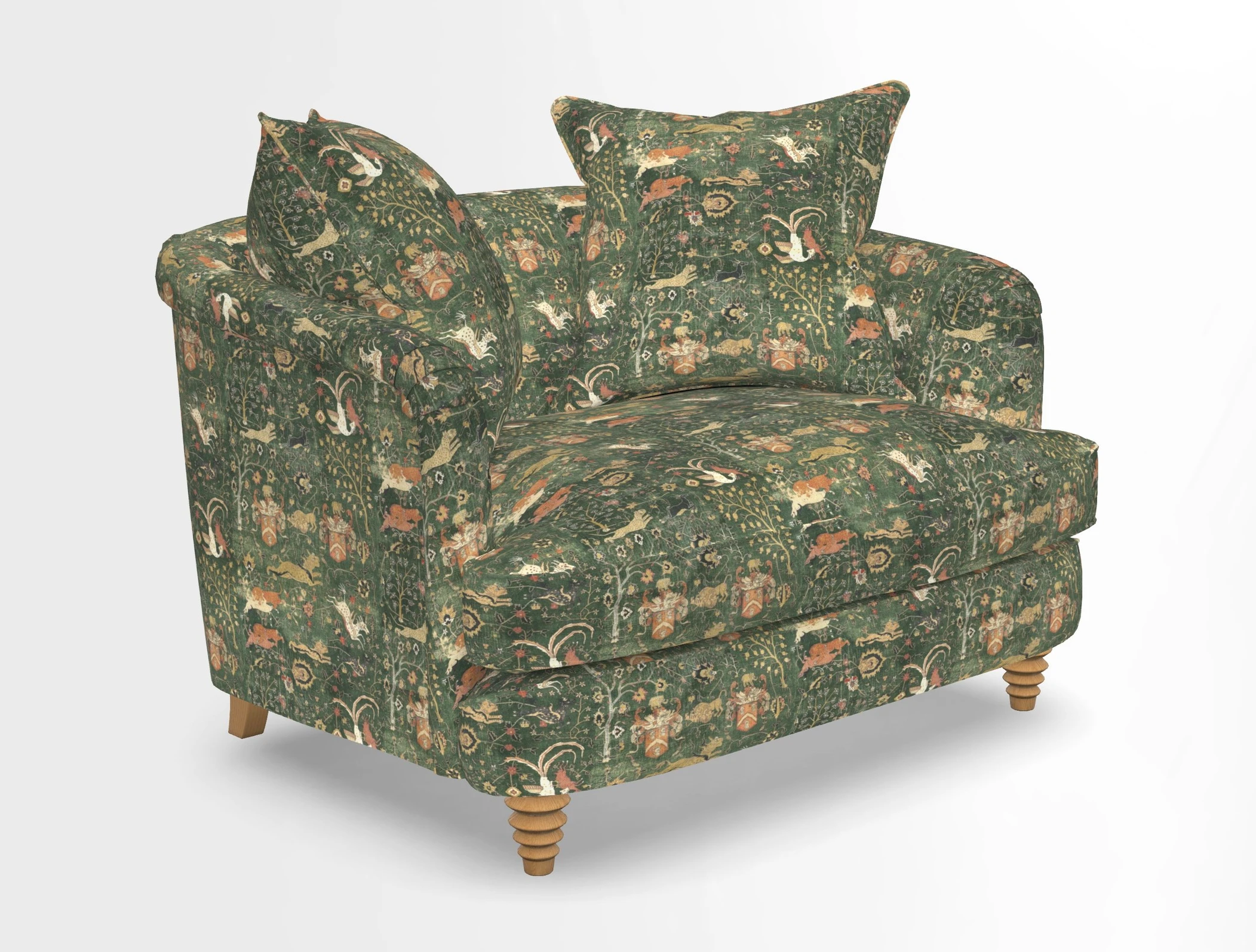 Helmsley Snuggler in V&A Threads of India Opulent Velvets Forest Creatures Hunter piping in Swiss Velvet Olive and scatter in Stockport Stripe Flame