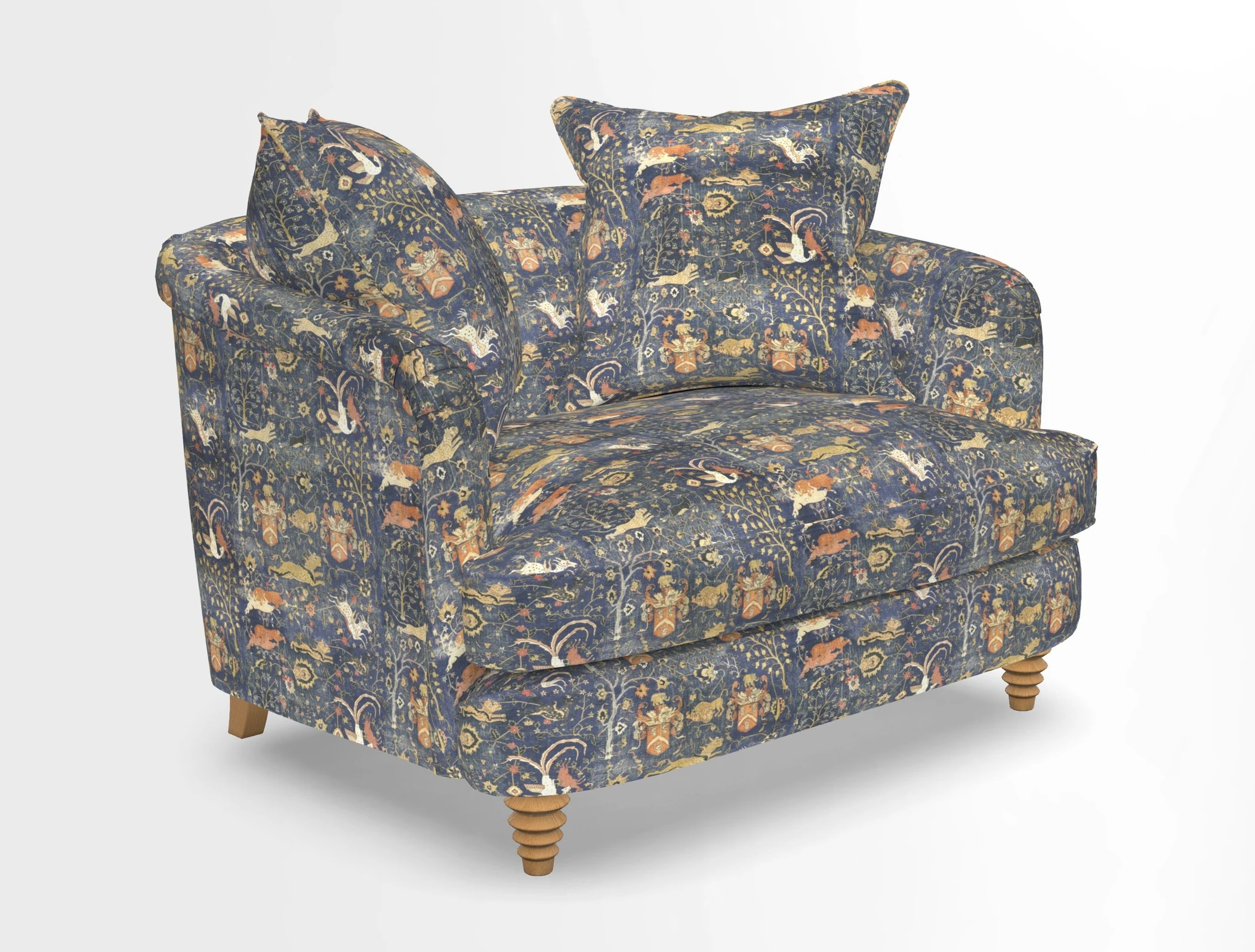 Helmsley Snuggler in V&A Threads of India Opulent Velvets Forest Creatures Hunter piping in Swiss Velvet Olive and scatter in Stockport Stripe Flame