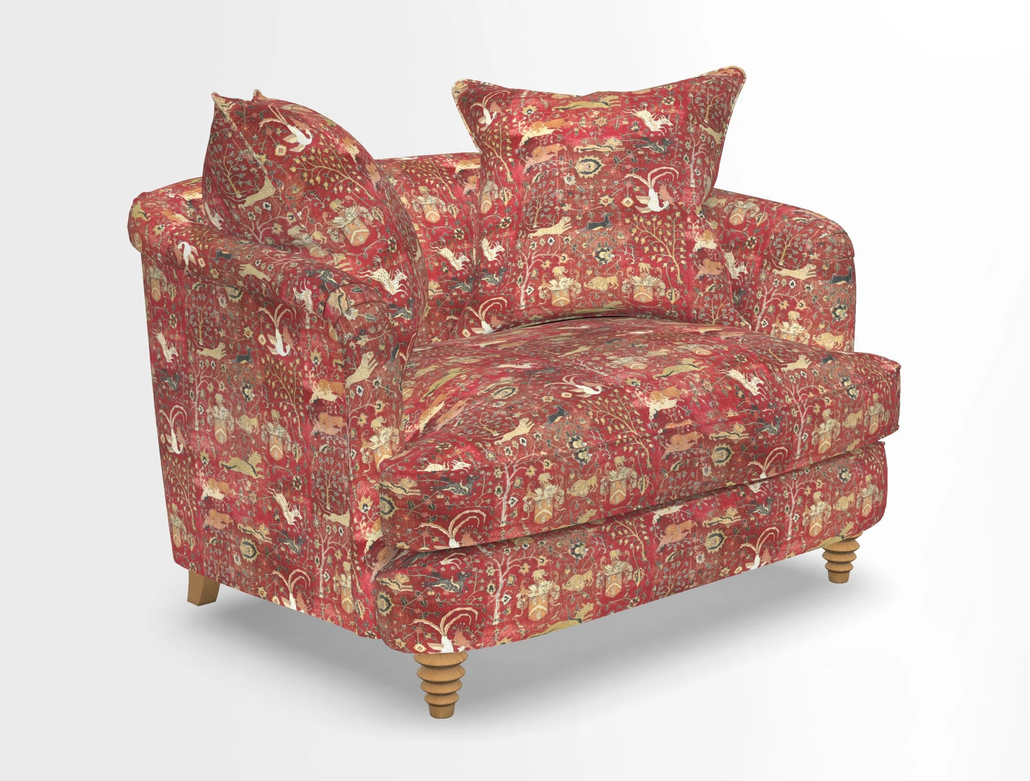 Helmsley Snuggler in V&A Threads of India Opulent Velvets Forest Creatures Hunter piping in Swiss Velvet Olive and scatter in Stockport Stripe Flame