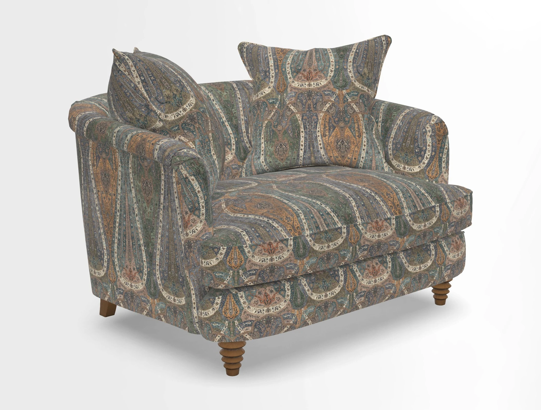 Helmsley Snuggler in V&A Threads of India Opulent Velvets Forest Creatures Hunter piping in Swiss Velvet Olive and scatter in Stockport Stripe Flame