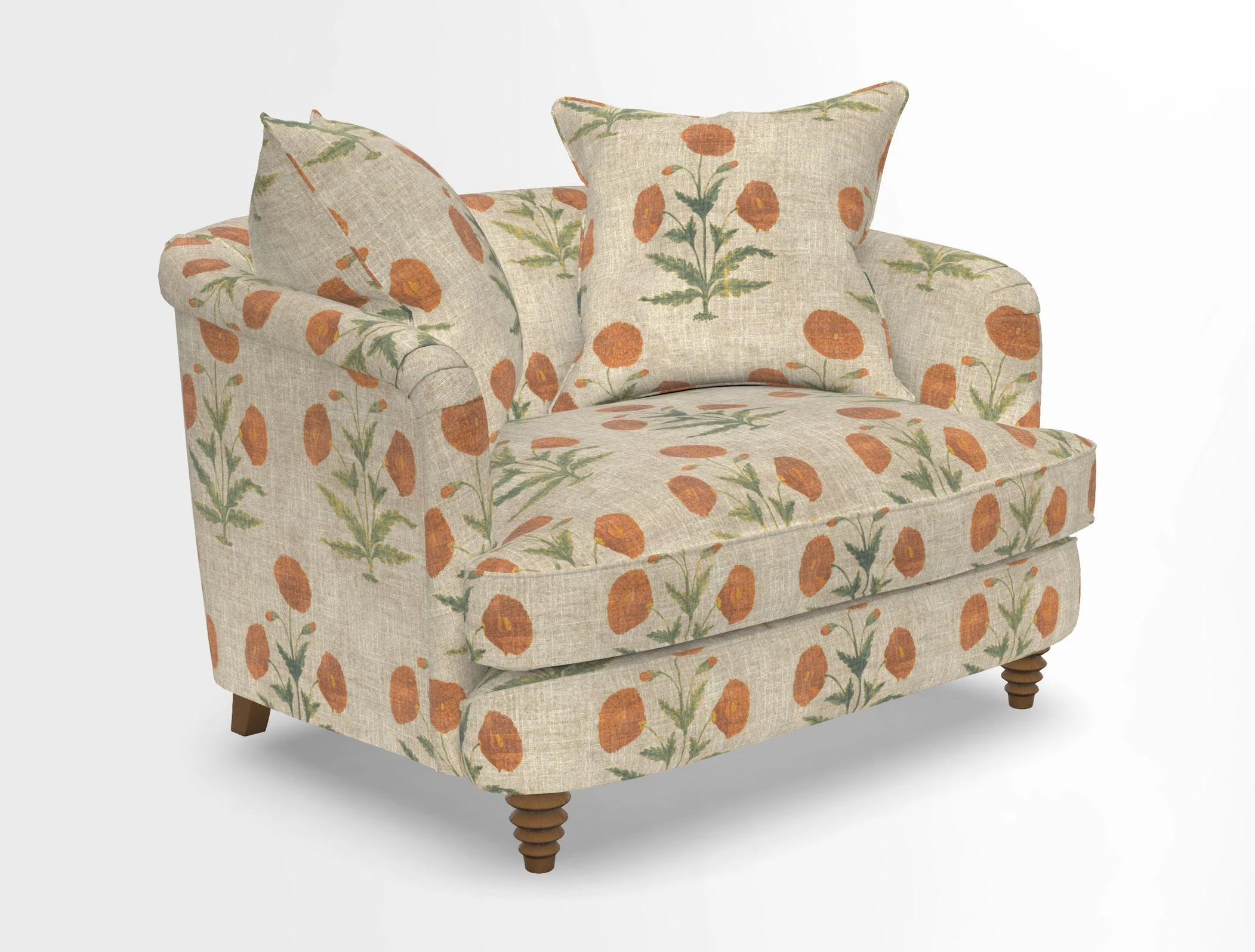 Helmsley Snuggler in V&A Threads of India Opulent Velvets Forest Creatures Hunter piping in Swiss Velvet Olive and scatter in Stockport Stripe Flame