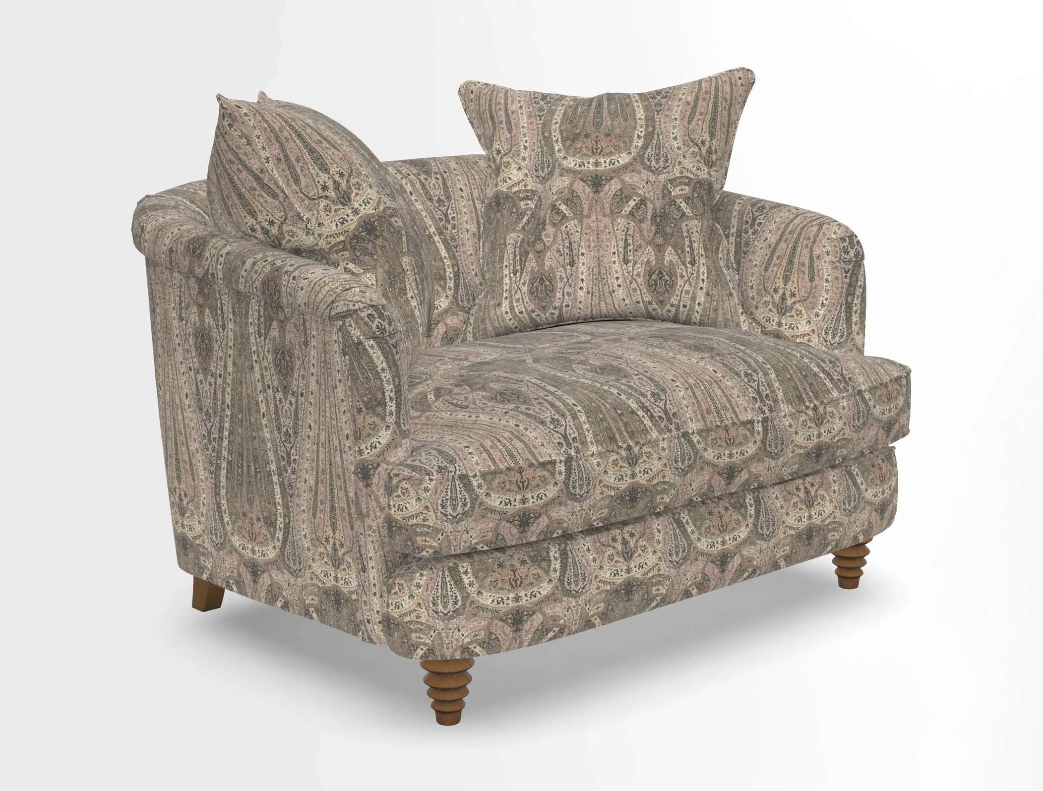 Helmsley Snuggler in V&A Threads of India Opulent Velvets Forest Creatures Hunter piping in Swiss Velvet Olive and scatter in Stockport Stripe Flame