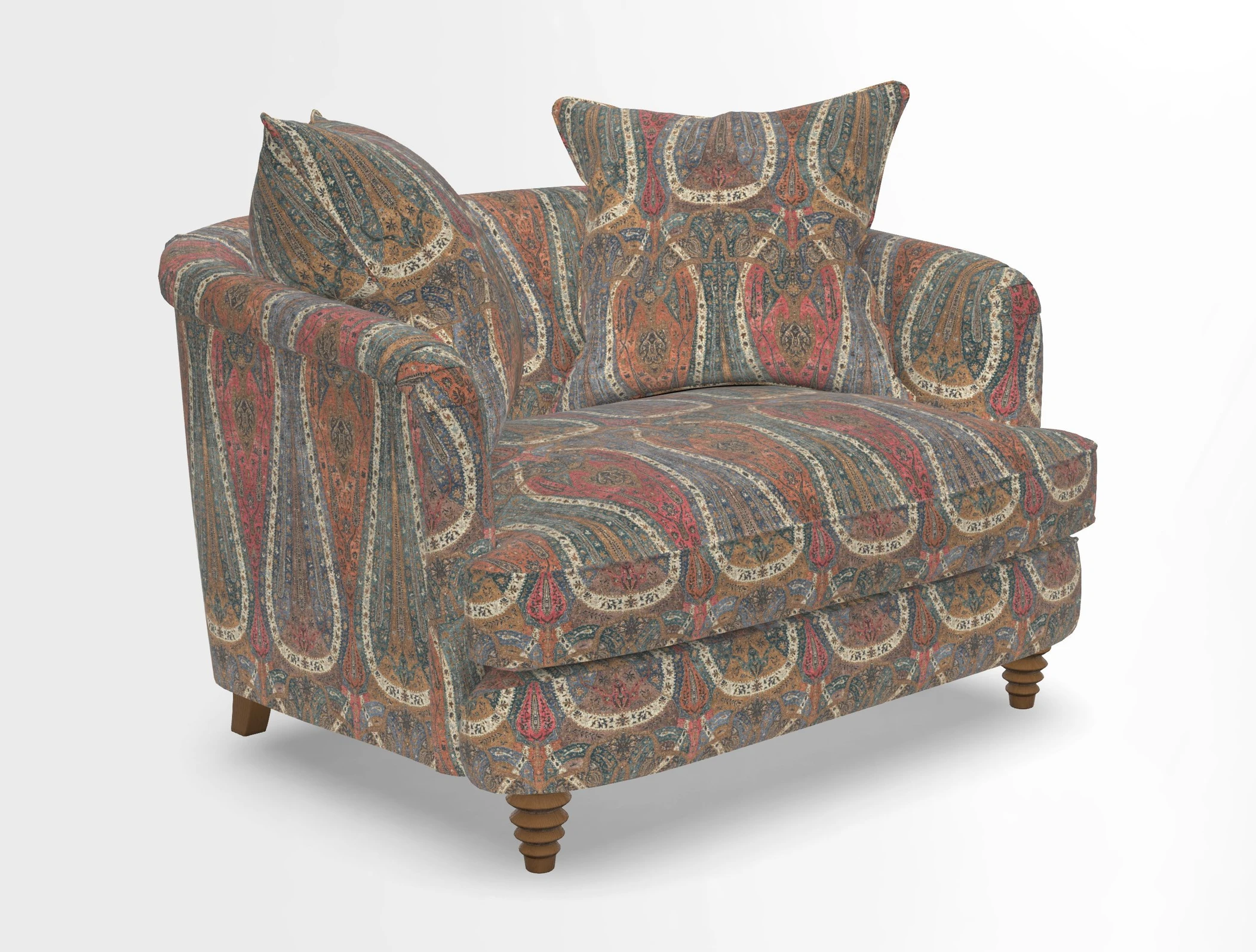Helmsley Snuggler in V&A Threads of India Opulent Velvets Forest Creatures Hunter piping in Swiss Velvet Olive and scatter in Stockport Stripe Flame
