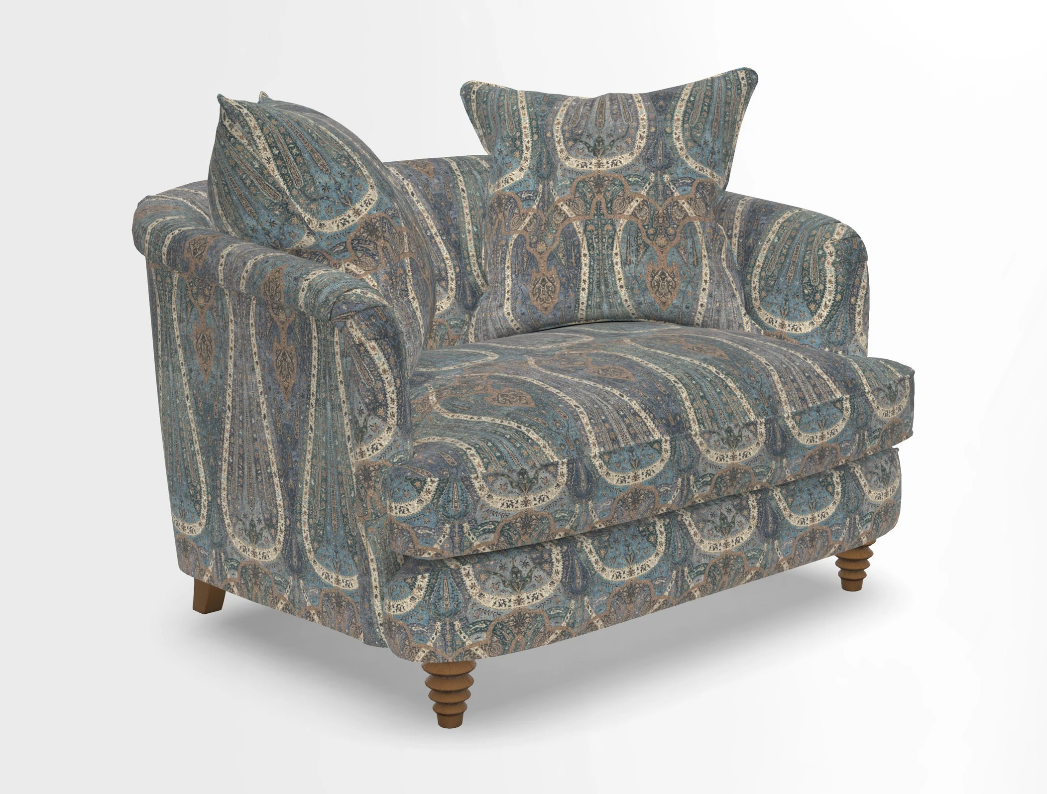 Helmsley Snuggler in V&A Threads of India Opulent Velvets Forest Creatures Hunter piping in Swiss Velvet Olive and scatter in Stockport Stripe Flame