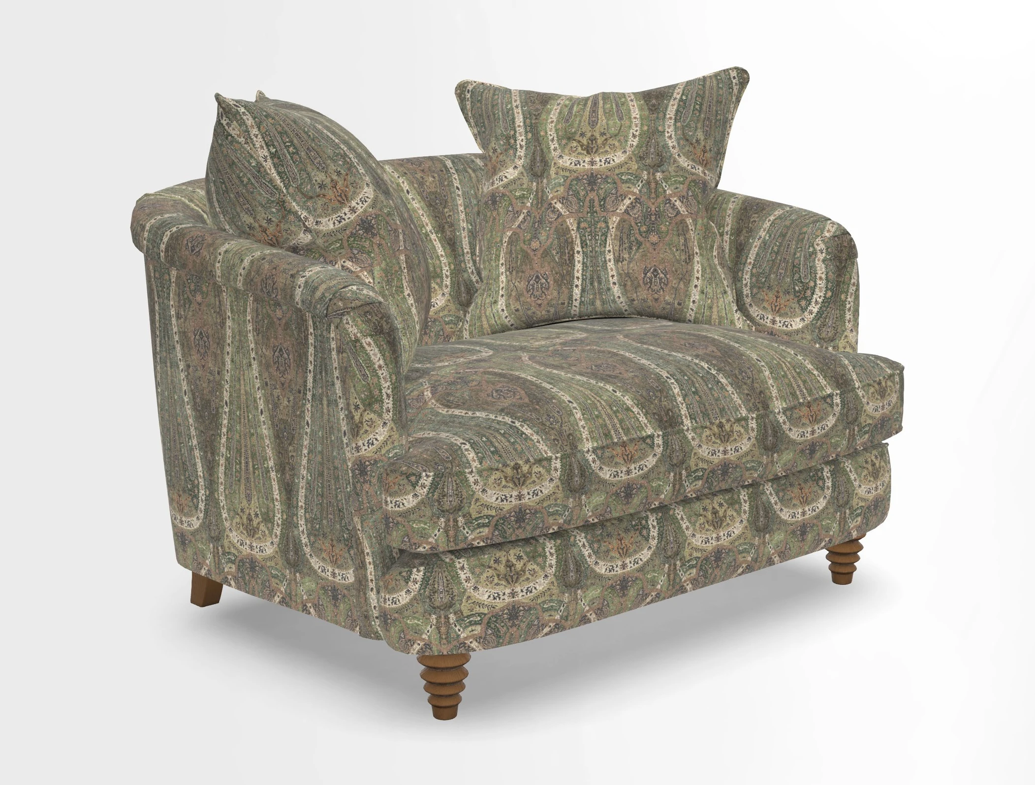 Helmsley Snuggler in V&A Threads of India Opulent Velvets Forest Creatures Hunter piping in Swiss Velvet Olive and scatter in Stockport Stripe Flame