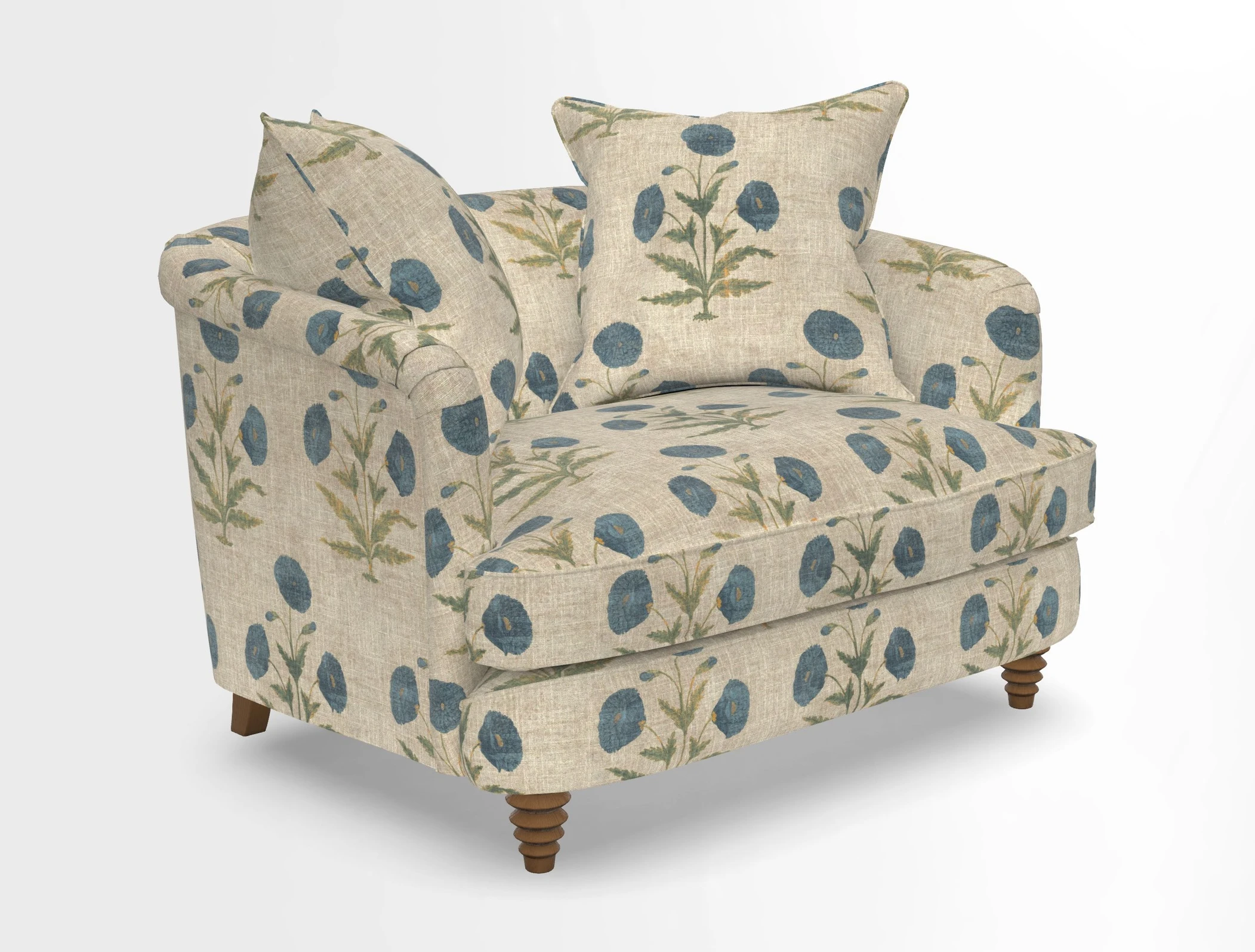 Helmsley Snuggler in V&A Threads of India Opulent Velvets Forest Creatures Hunter piping in Swiss Velvet Olive and scatter in Stockport Stripe Flame