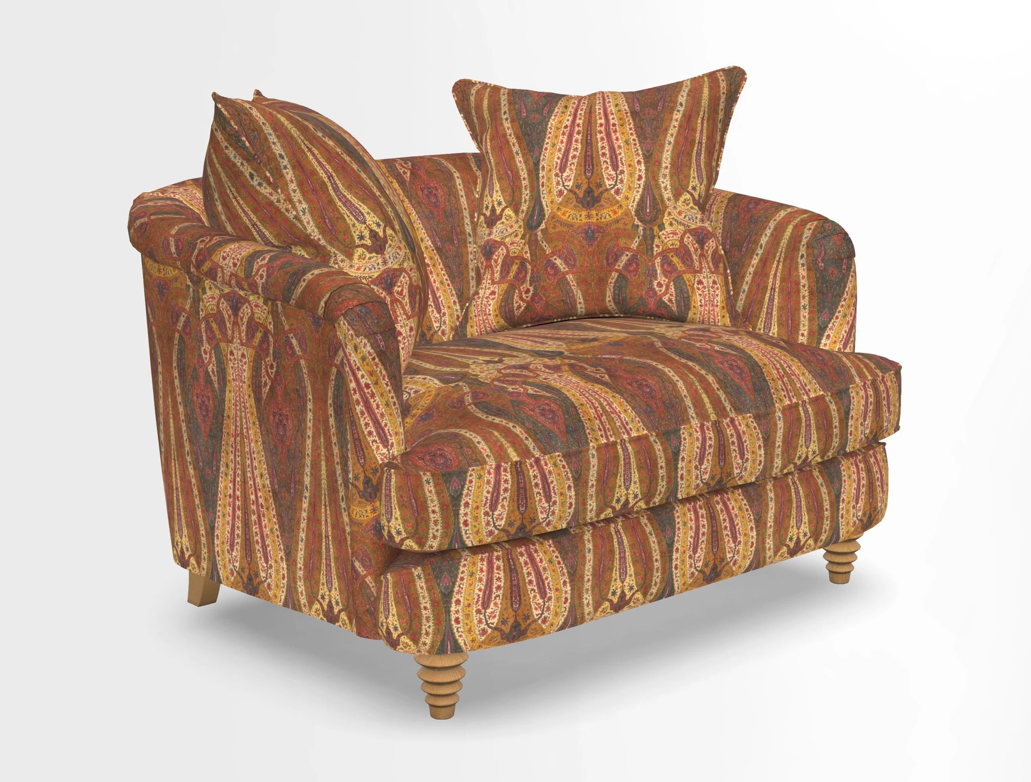 Helmsley Snuggler in V&A Threads of India Opulent Velvets Forest Creatures Hunter piping in Swiss Velvet Olive and scatter in Stockport Stripe Flame
