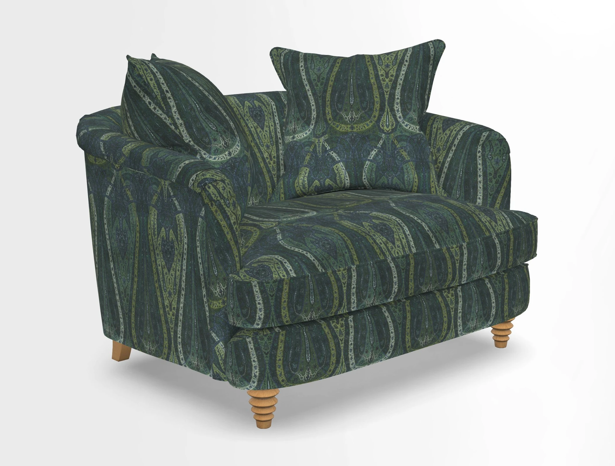 Helmsley Snuggler in V&A Threads of India Opulent Velvets Forest Creatures Hunter piping in Swiss Velvet Olive and scatter in Stockport Stripe Flame
