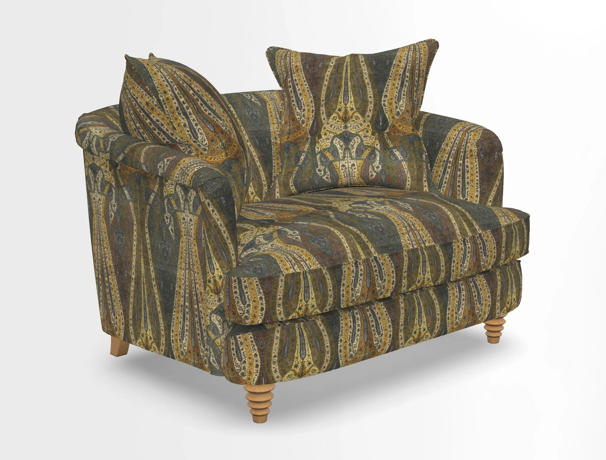 Helmsley Snuggler in V&A Threads of India Opulent Velvets Forest Creatures Hunter piping in Swiss Velvet Olive and scatter in Stockport Stripe Flame