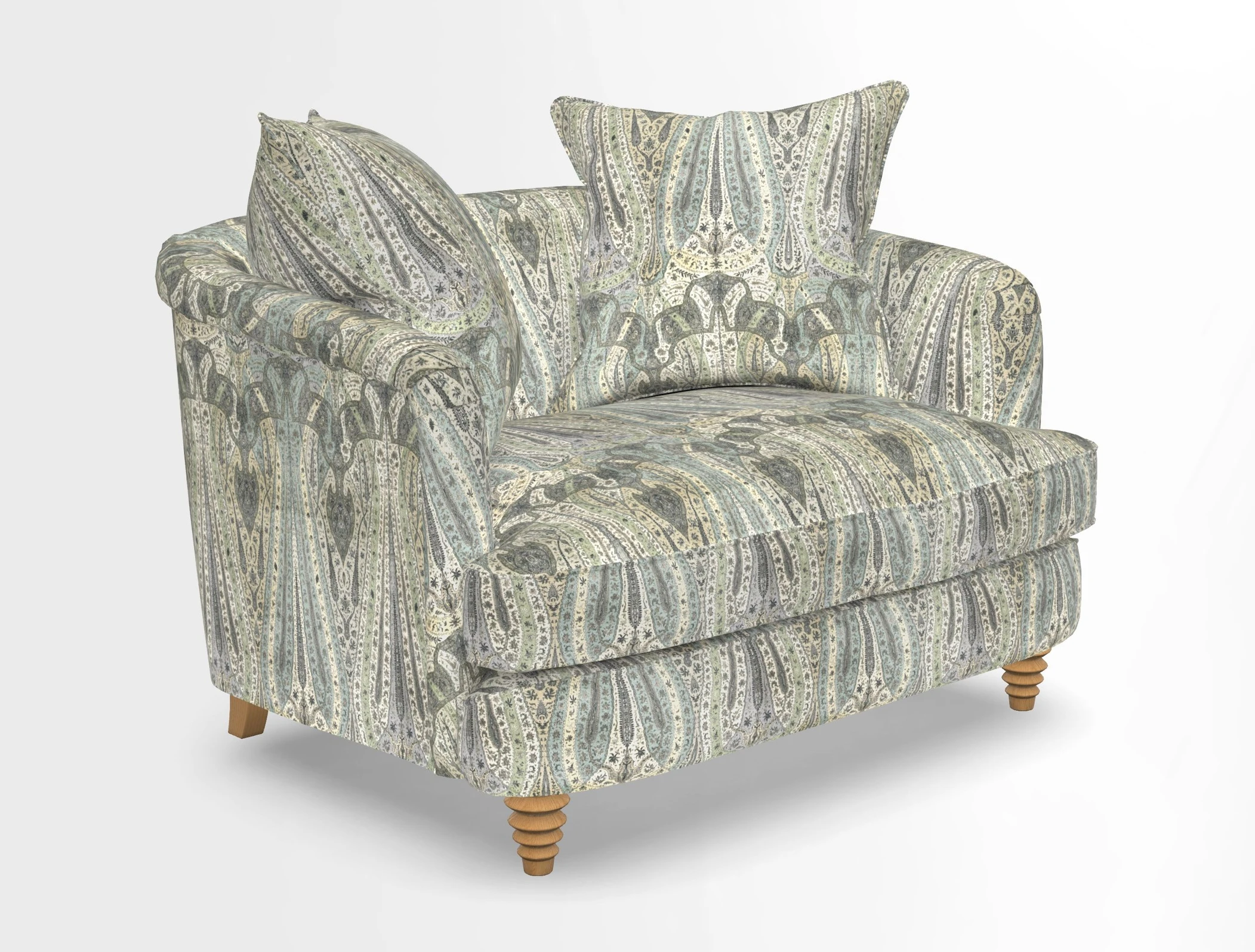 Helmsley Snuggler in V&A Threads of India Opulent Velvets Forest Creatures Hunter piping in Swiss Velvet Olive and scatter in Stockport Stripe Flame