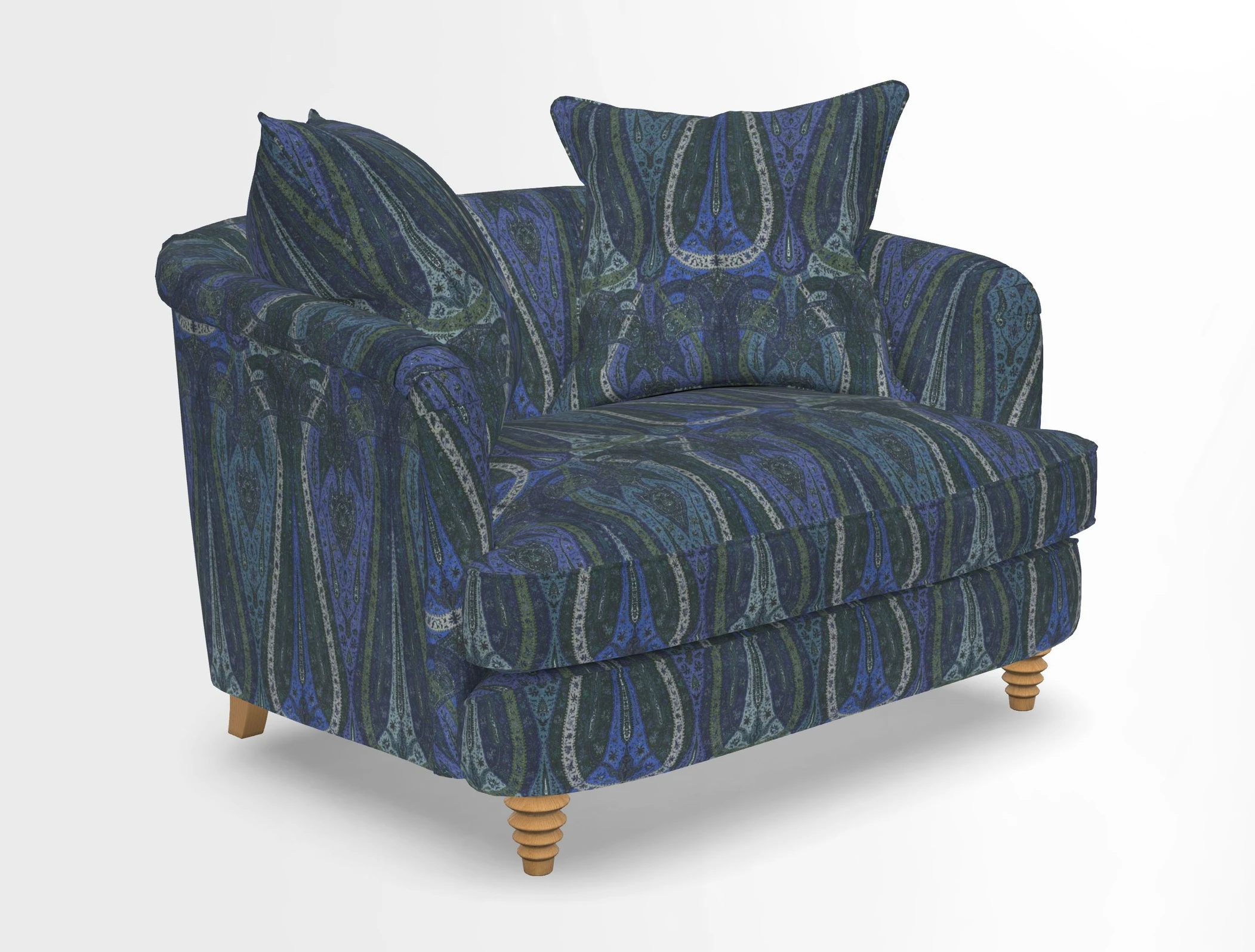 Helmsley Snuggler in V&A Threads of India Opulent Velvets Forest Creatures Hunter piping in Swiss Velvet Olive and scatter in Stockport Stripe Flame