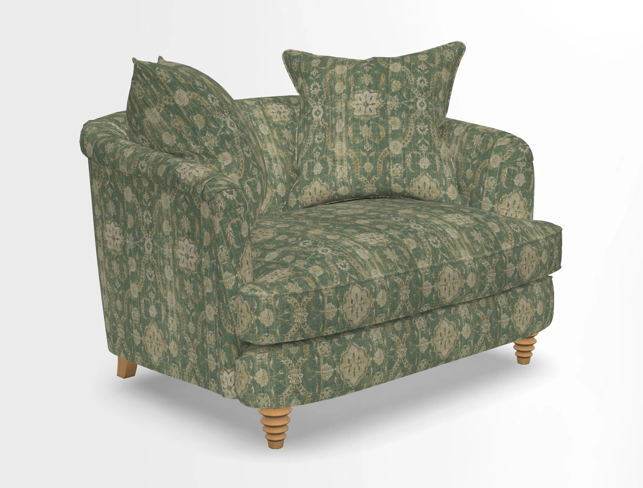 Helmsley Snuggler in V&A Threads of India Opulent Velvets Forest Creatures Hunter piping in Swiss Velvet Olive and scatter in Stockport Stripe Flame