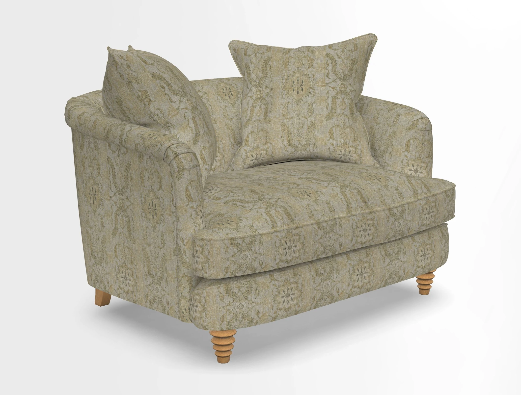 Helmsley Snuggler in V&A Threads of India Opulent Velvets Forest Creatures Hunter piping in Swiss Velvet Olive and scatter in Stockport Stripe Flame