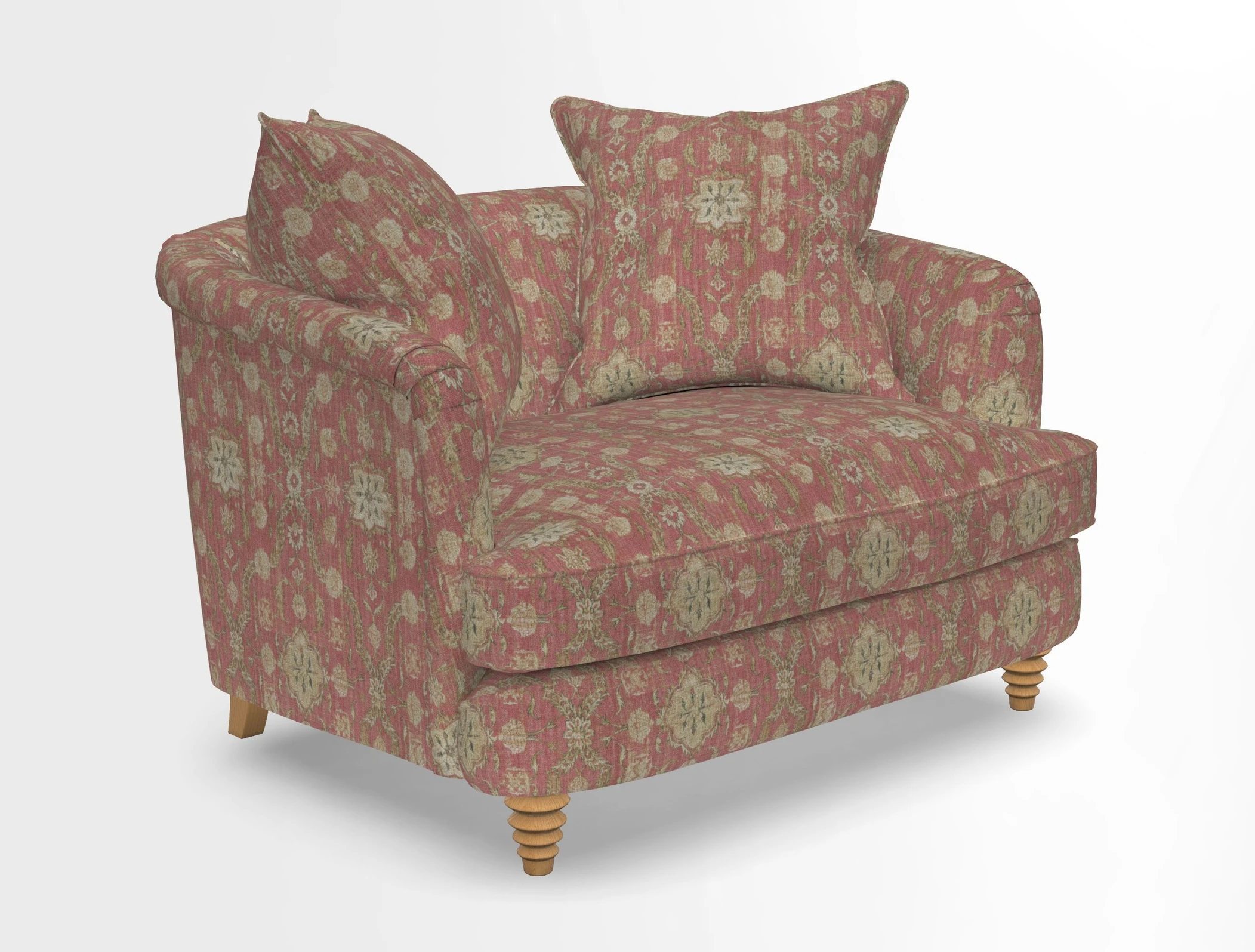 Helmsley Snuggler in V&A Threads of India Opulent Velvets Forest Creatures Hunter piping in Swiss Velvet Olive and scatter in Stockport Stripe Flame