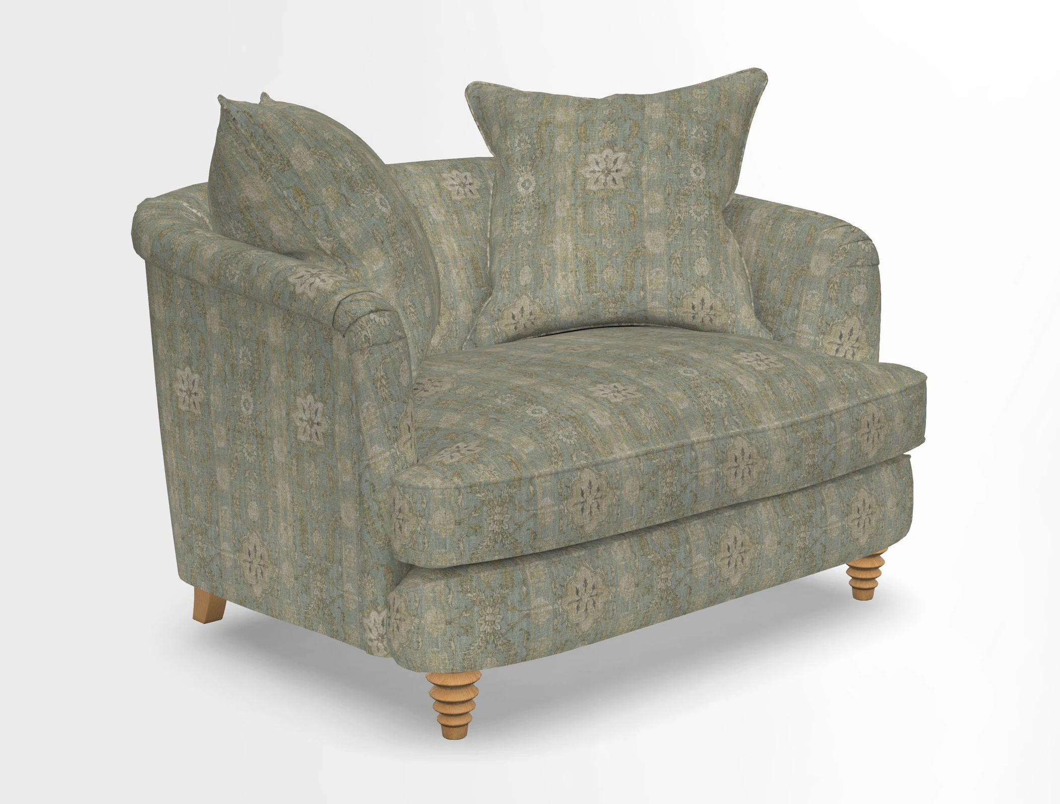 Helmsley Snuggler in V&A Threads of India Opulent Velvets Forest Creatures Hunter piping in Swiss Velvet Olive and scatter in Stockport Stripe Flame