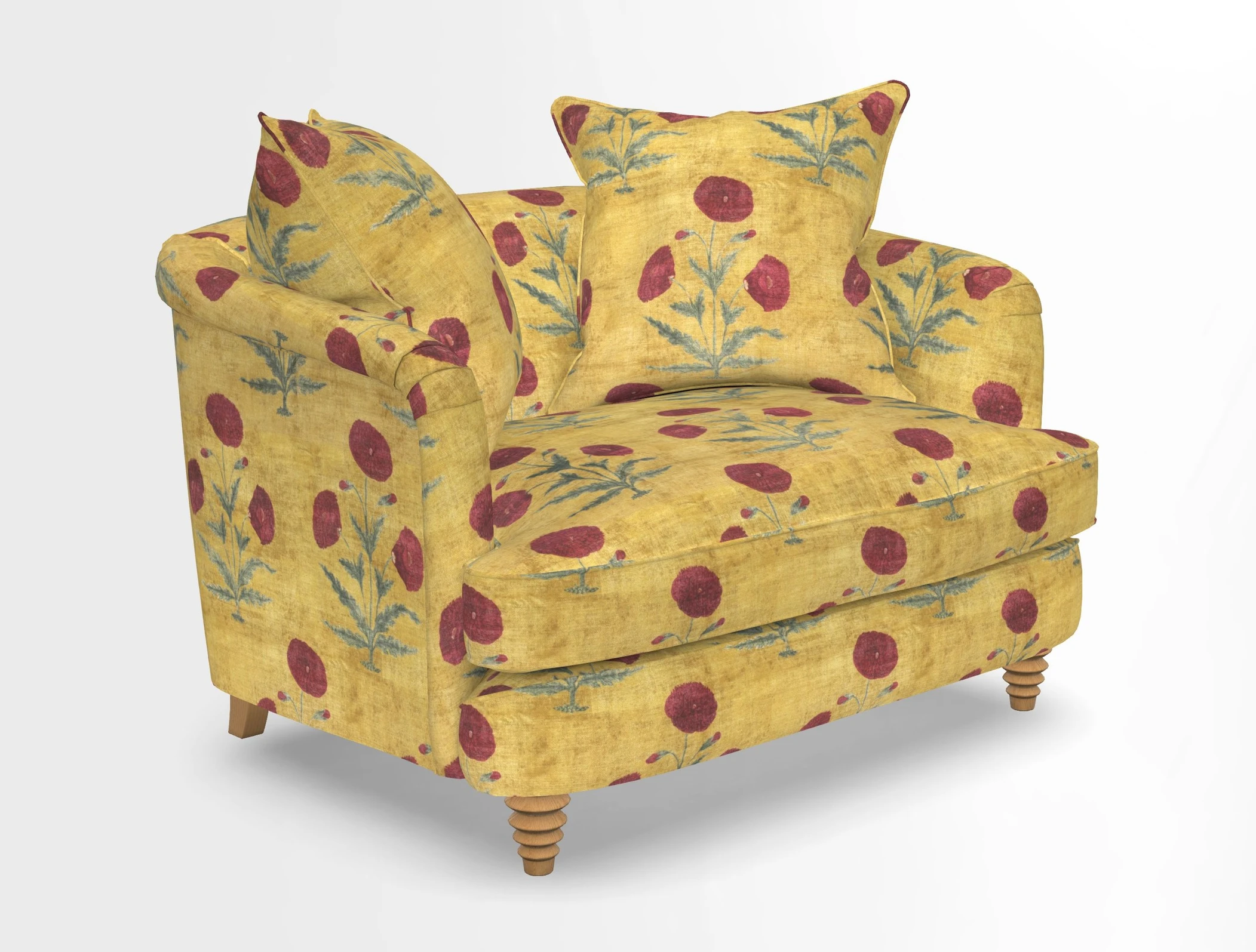 Helmsley Snuggler in V&A Threads of India Opulent Velvets Forest Creatures Hunter piping in Swiss Velvet Olive and scatter in Stockport Stripe Flame