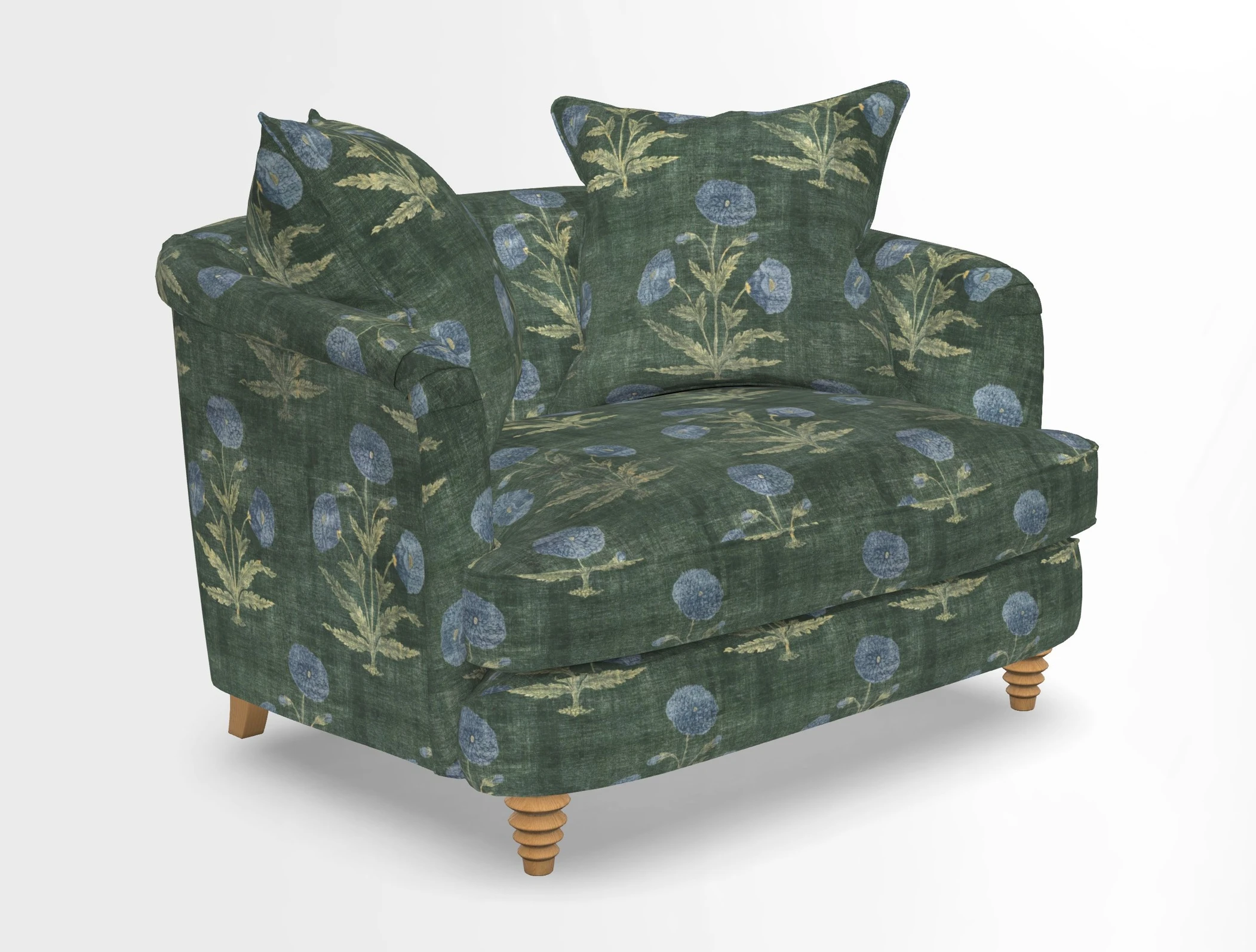 Helmsley Snuggler in V&A Threads of India Opulent Velvets Forest Creatures Hunter piping in Swiss Velvet Olive and scatter in Stockport Stripe Flame