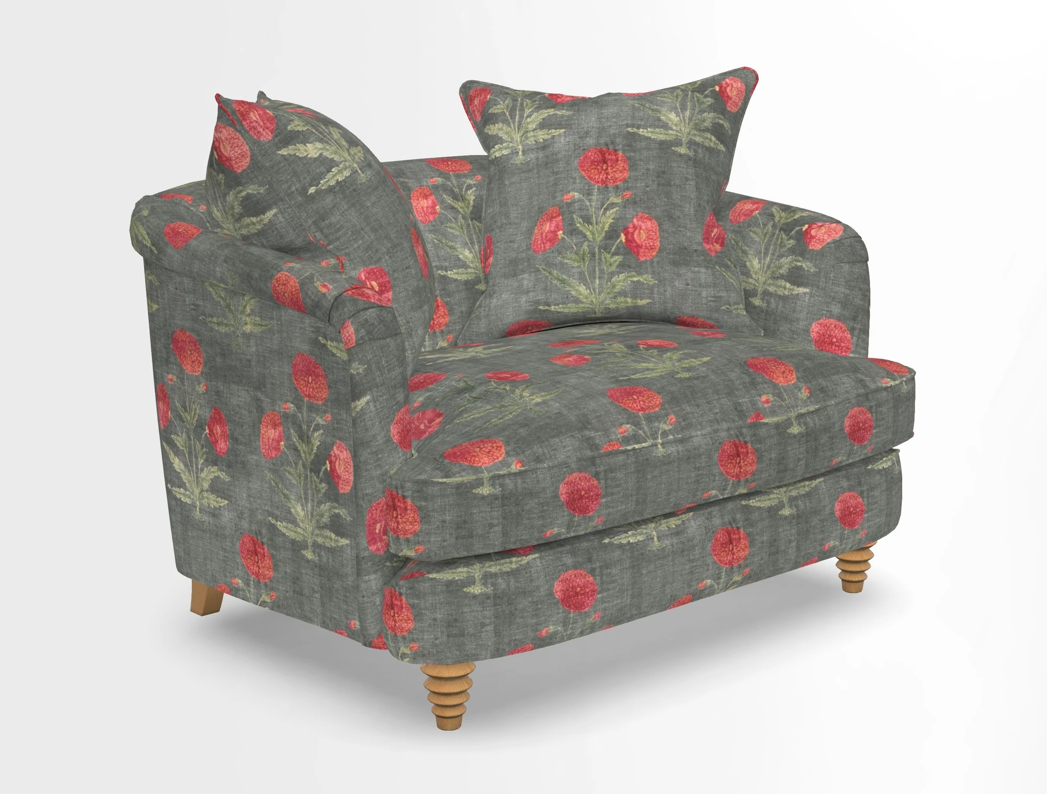 Helmsley Snuggler in V&A Threads of India Opulent Velvets Forest Creatures Hunter piping in Swiss Velvet Olive and scatter in Stockport Stripe Flame
