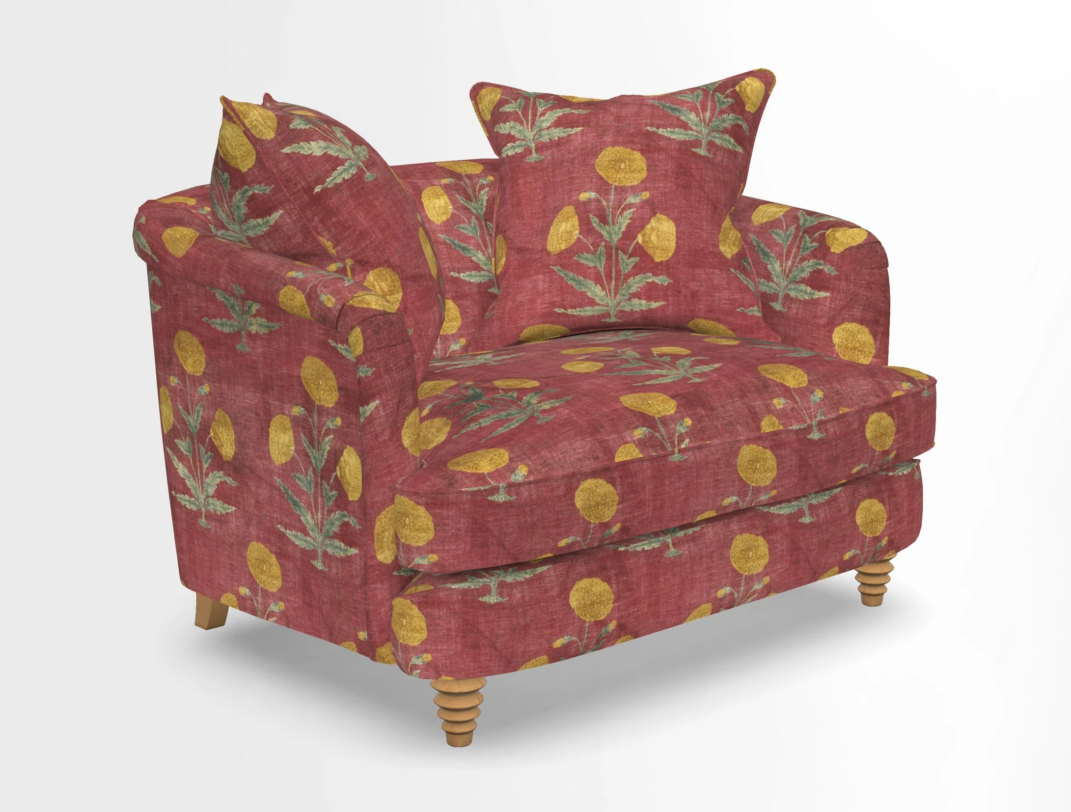 Helmsley Snuggler in V&A Threads of India Opulent Velvets Forest Creatures Hunter piping in Swiss Velvet Olive and scatter in Stockport Stripe Flame