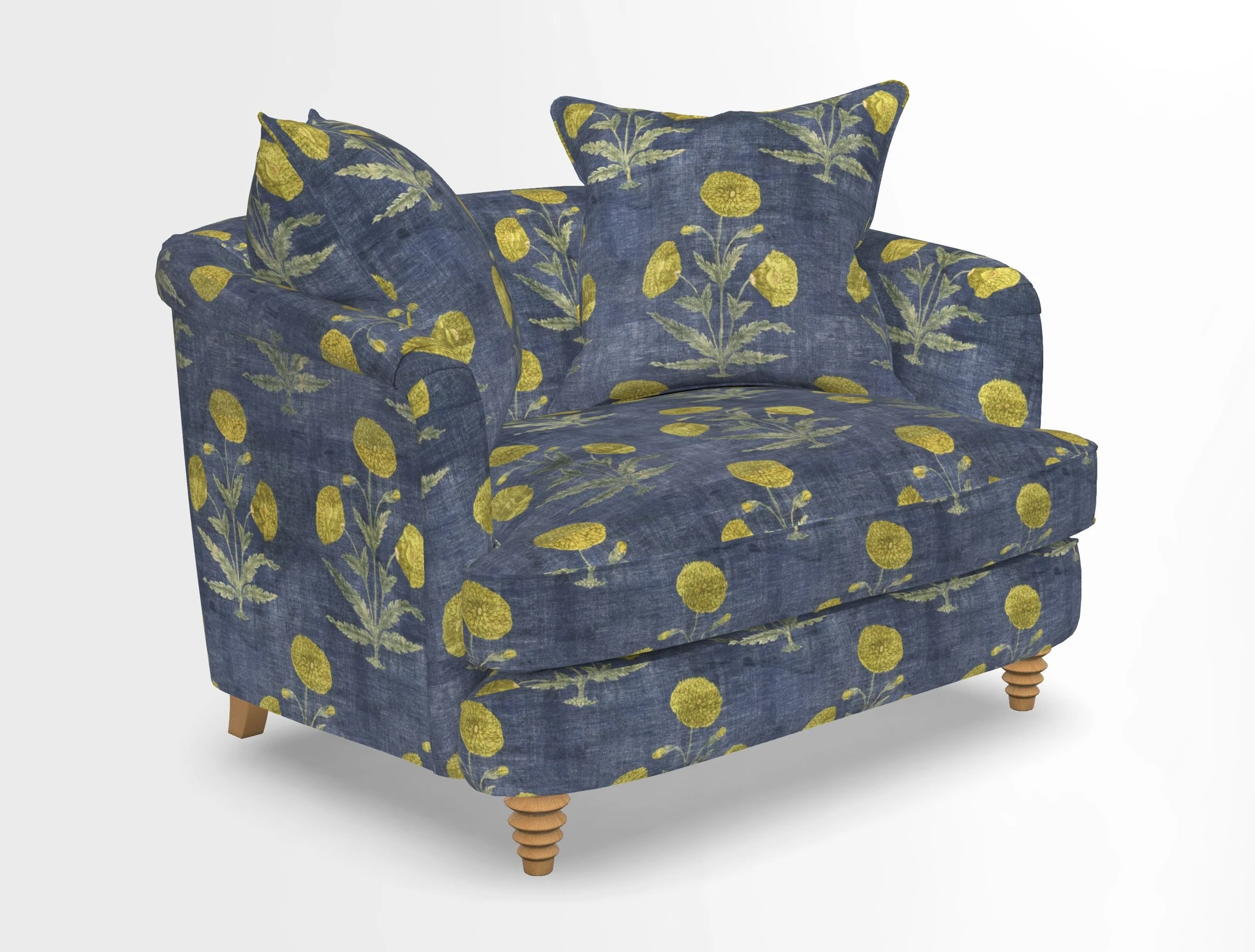 Helmsley Snuggler in V&A Threads of India Opulent Velvets Forest Creatures Hunter piping in Swiss Velvet Olive and scatter in Stockport Stripe Flame