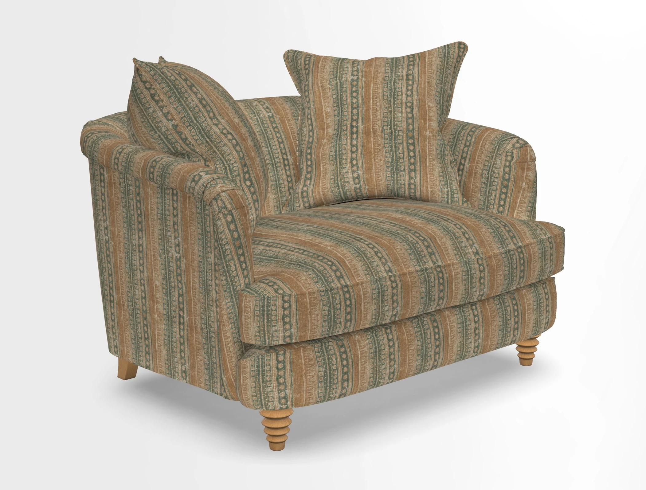 Helmsley Snuggler in V&A Threads of India Opulent Velvets Forest Creatures Hunter piping in Swiss Velvet Olive and scatter in Stockport Stripe Flame