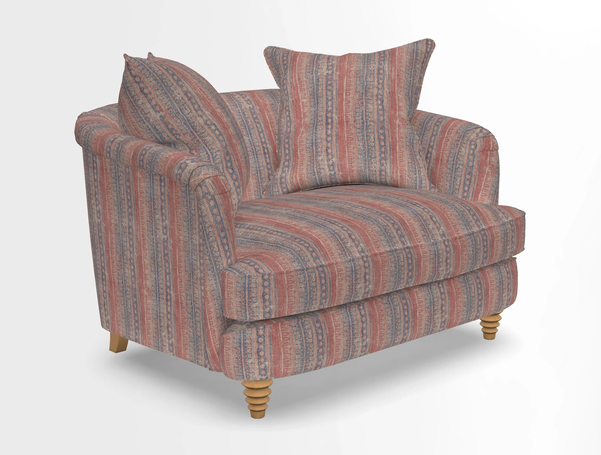 Helmsley Snuggler in V&A Threads of India Opulent Velvets Forest Creatures Hunter piping in Swiss Velvet Olive and scatter in Stockport Stripe Flame