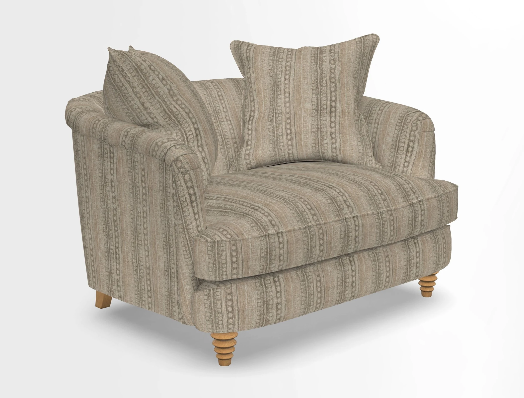 Helmsley Snuggler in V&A Threads of India Opulent Velvets Forest Creatures Hunter piping in Swiss Velvet Olive and scatter in Stockport Stripe Flame