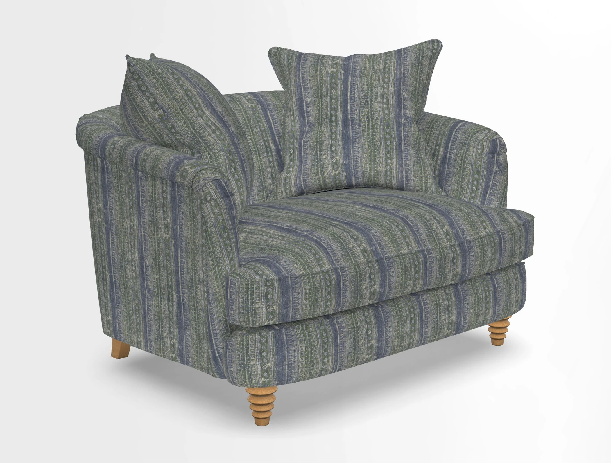 Helmsley Snuggler in V&A Threads of India Opulent Velvets Forest Creatures Hunter piping in Swiss Velvet Olive and scatter in Stockport Stripe Flame