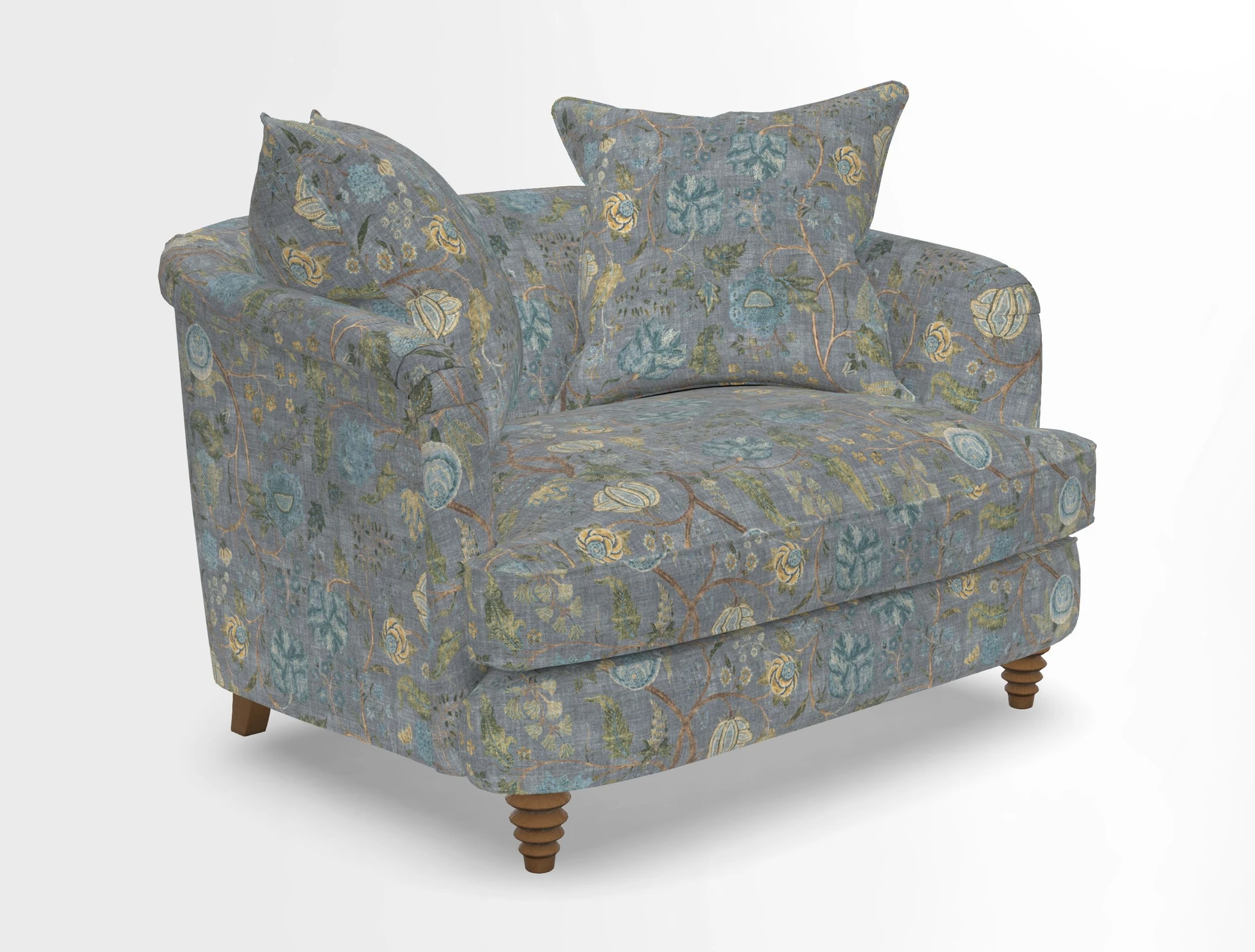 Helmsley Snuggler in V&A Threads of India Opulent Velvets Forest Creatures Hunter piping in Swiss Velvet Olive and scatter in Stockport Stripe Flame