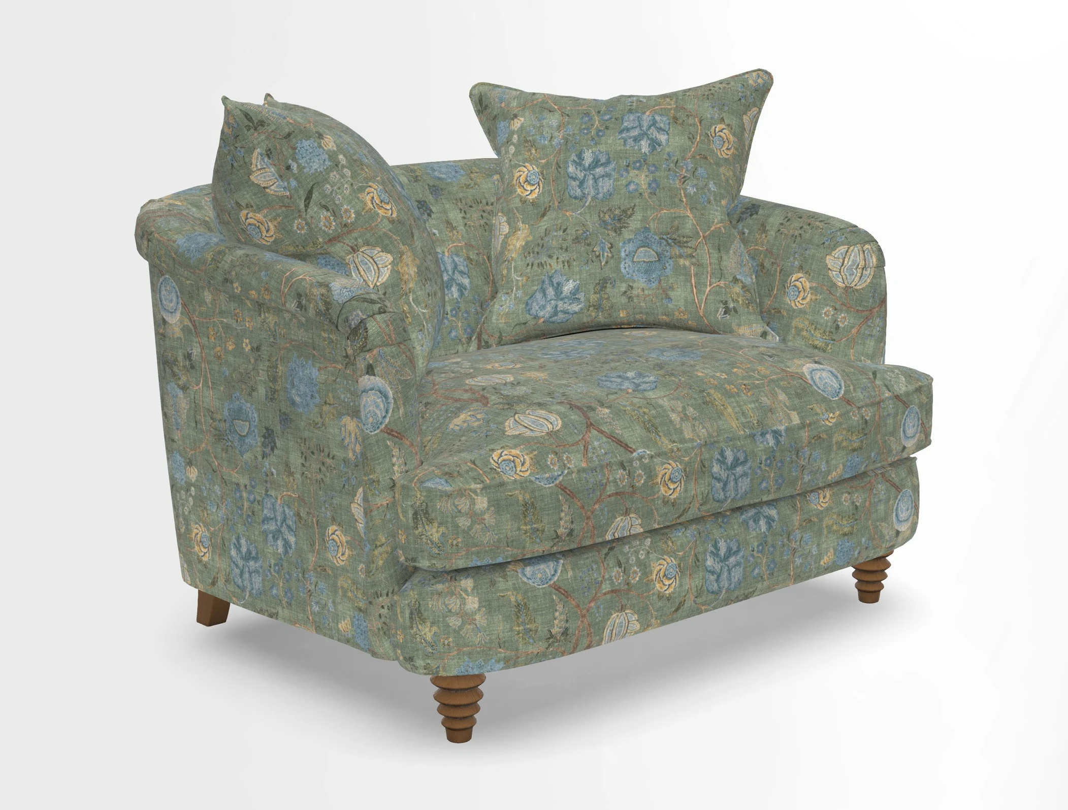 Helmsley Snuggler in V&A Threads of India Opulent Velvets Forest Creatures Hunter piping in Swiss Velvet Olive and scatter in Stockport Stripe Flame