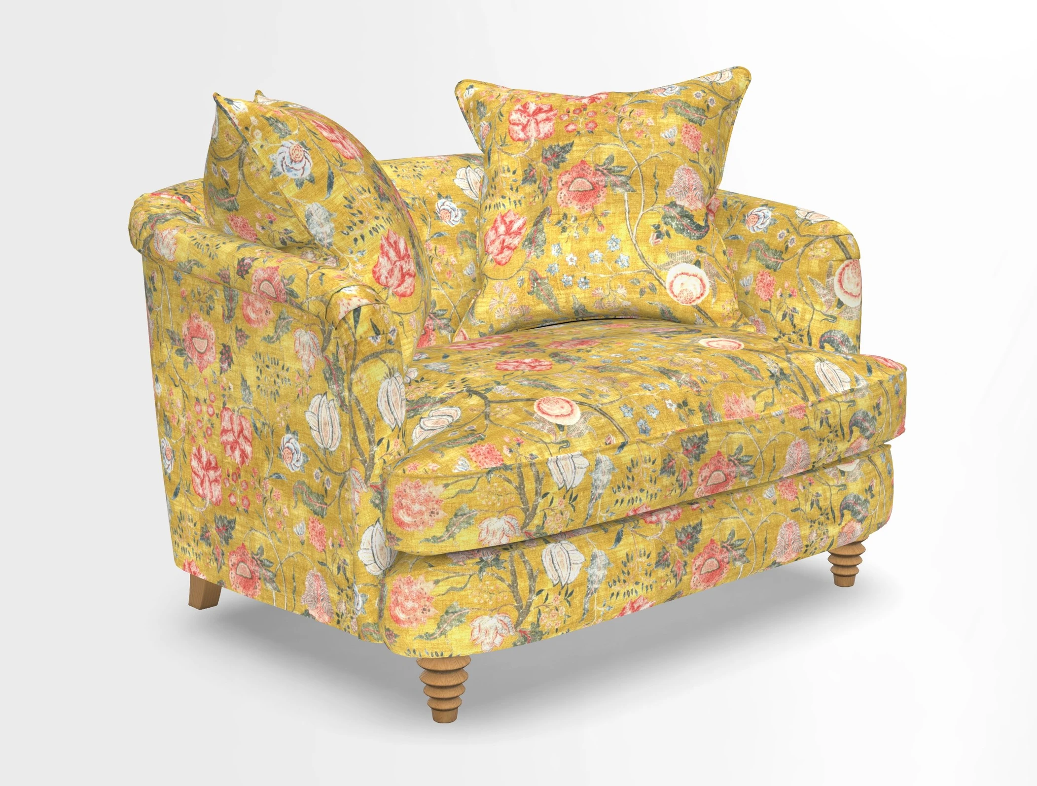 Helmsley Snuggler in V&A Threads of India Opulent Velvets Forest Creatures Hunter piping in Swiss Velvet Olive and scatter in Stockport Stripe Flame