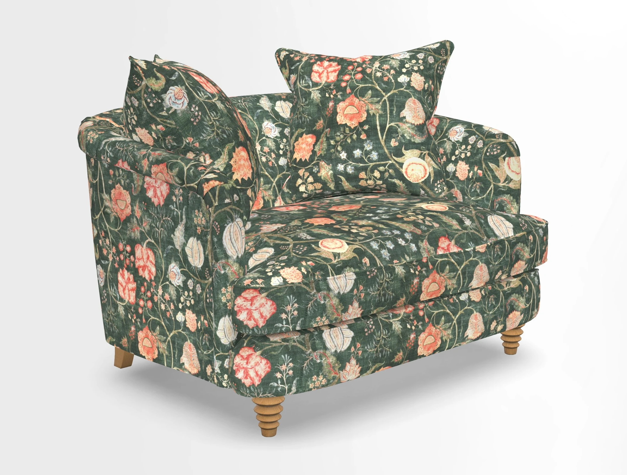 Helmsley Snuggler in V&A Threads of India Opulent Velvets Forest Creatures Hunter piping in Swiss Velvet Olive and scatter in Stockport Stripe Flame